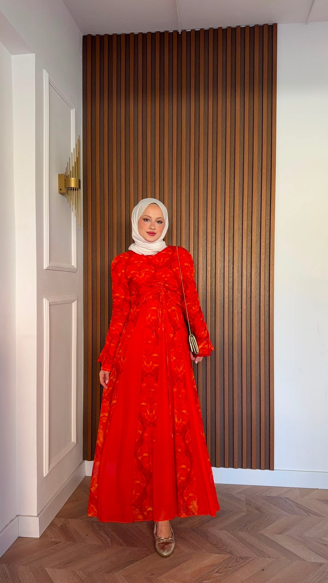 MEYSADESIGN ELBİSELER Lara Baskılı Desenli Şifon Elbise Turuncu