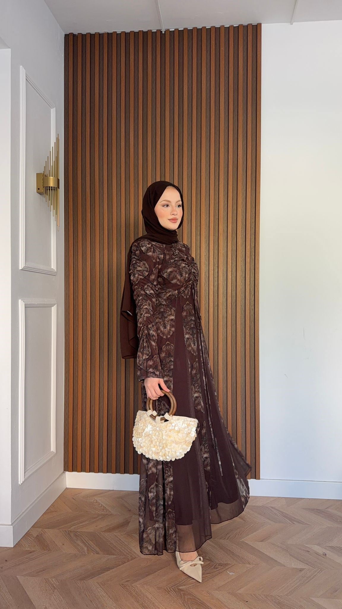 MEYSADESIGN ELBİSELER Lara Baskılı Desenli Şifon Elbise Kahve