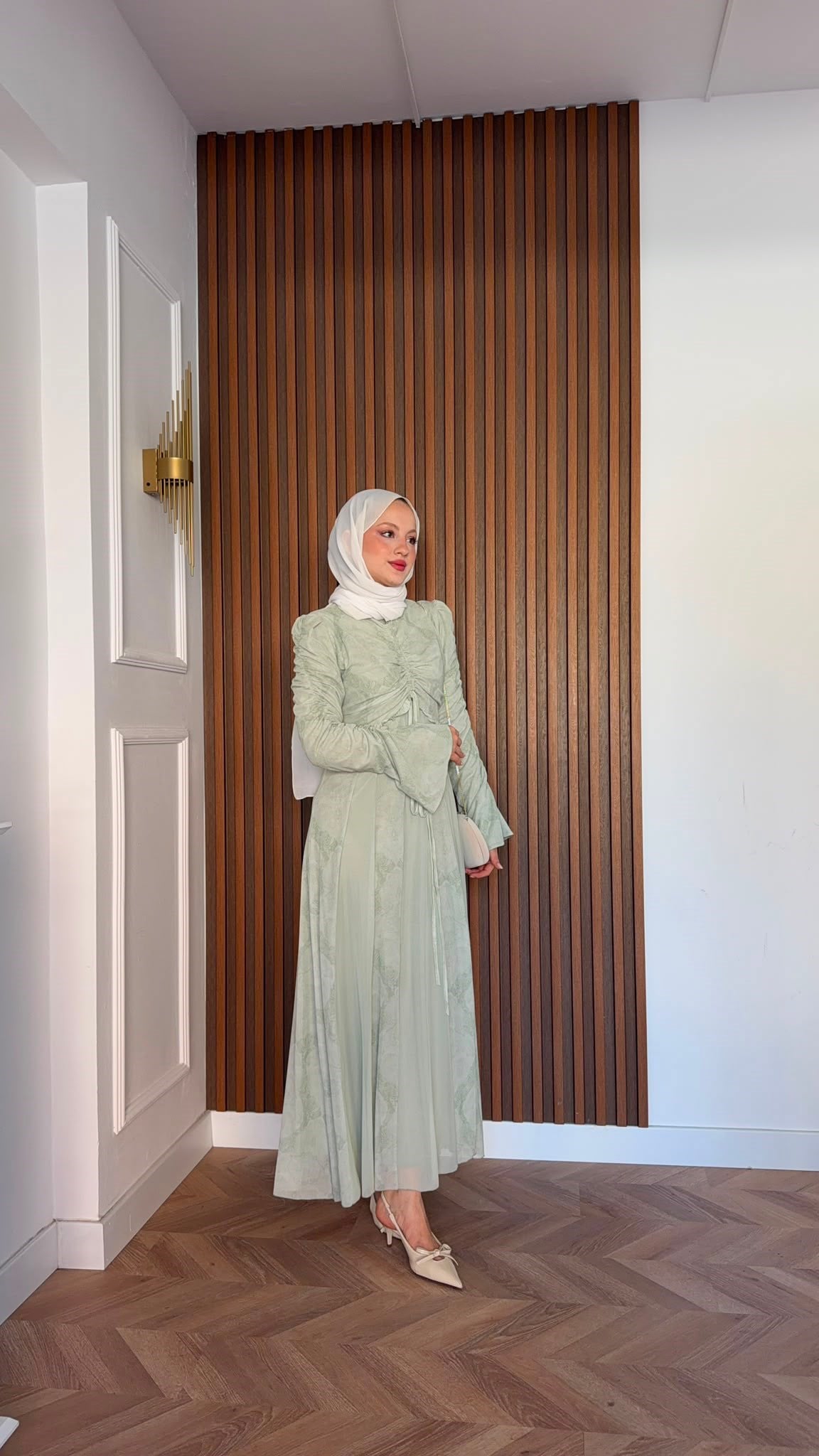 MEYSADESIGN ELBİSELER Lara Baskılı Desenli Şifon Elbise Su Yeşili
