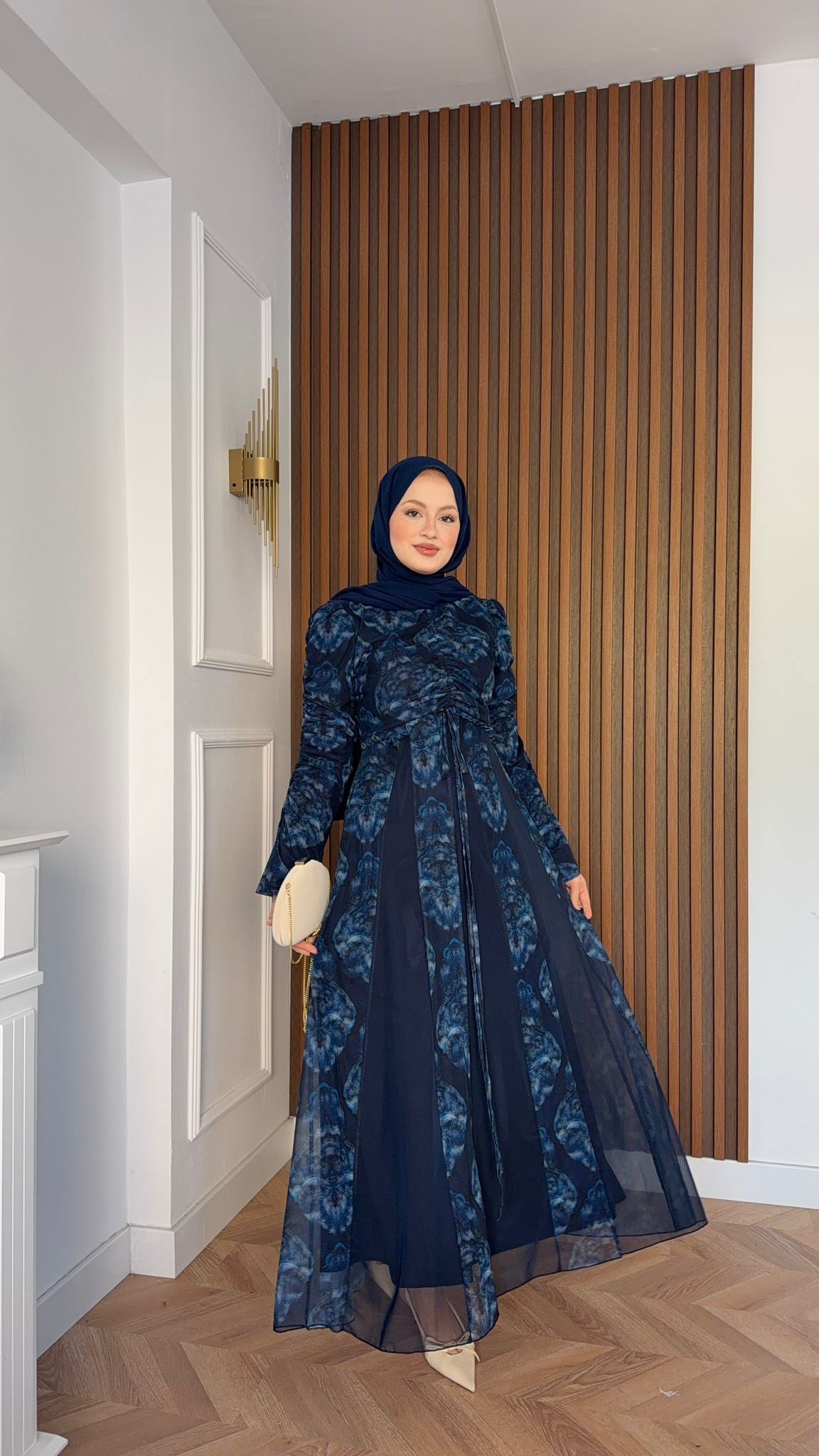 MEYSADESIGN ELBİSELER Lara Baskılı Desenli Şifon Elbise Lacivert