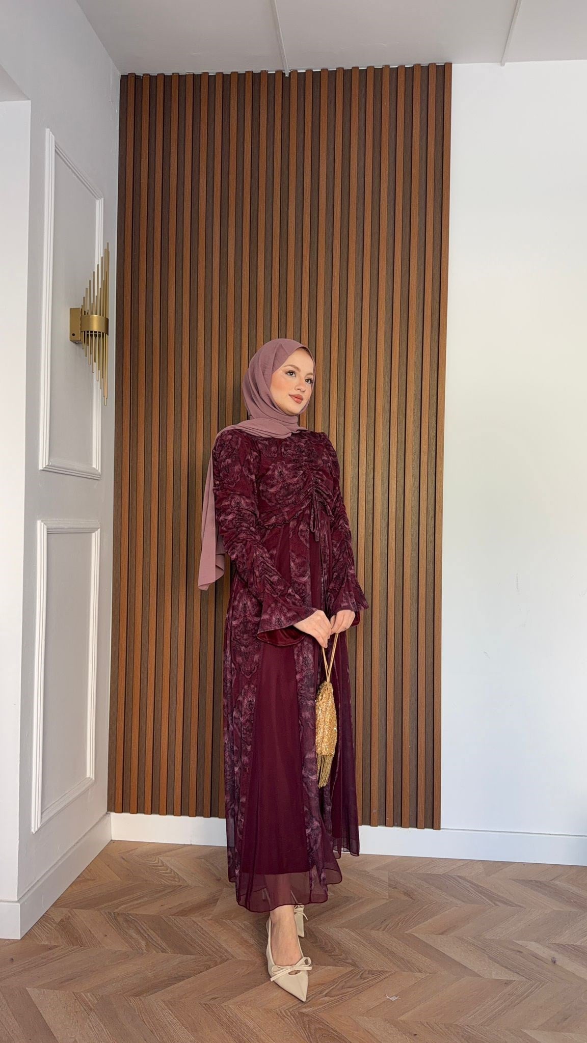 MEYSADESIGN ELBİSELER Lara Baskılı Desenli Şifon Elbise Bordo