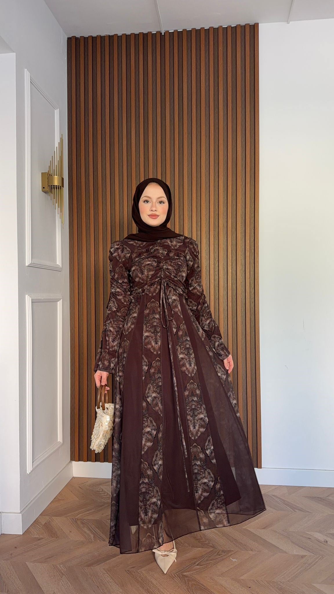MEYSADESIGN ELBİSELER Lara Baskılı Desenli Şifon Elbise Kahve