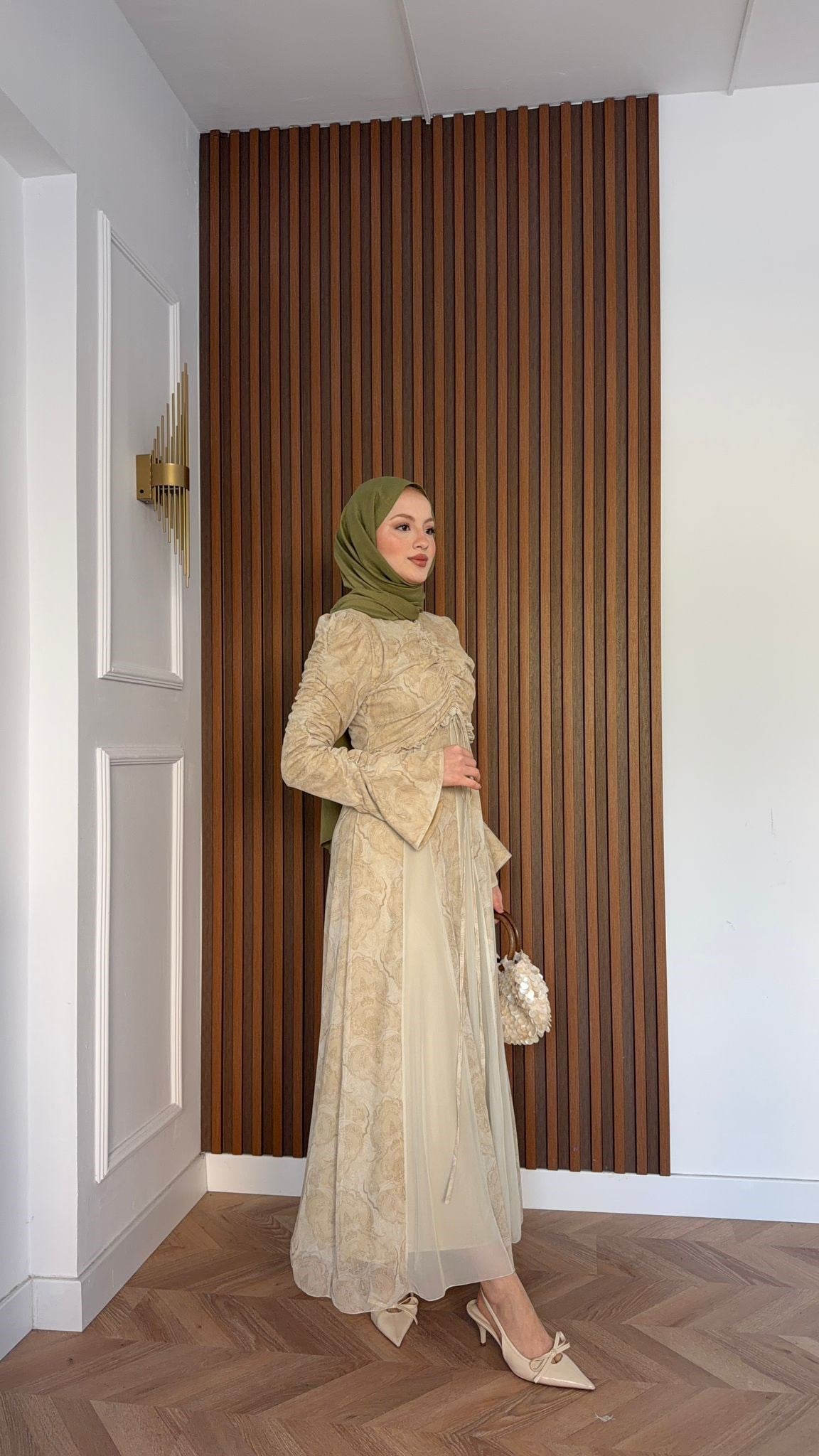MEYSADESIGN ELBİSELER Lara Baskılı Desenli Şifon Elbise Krem