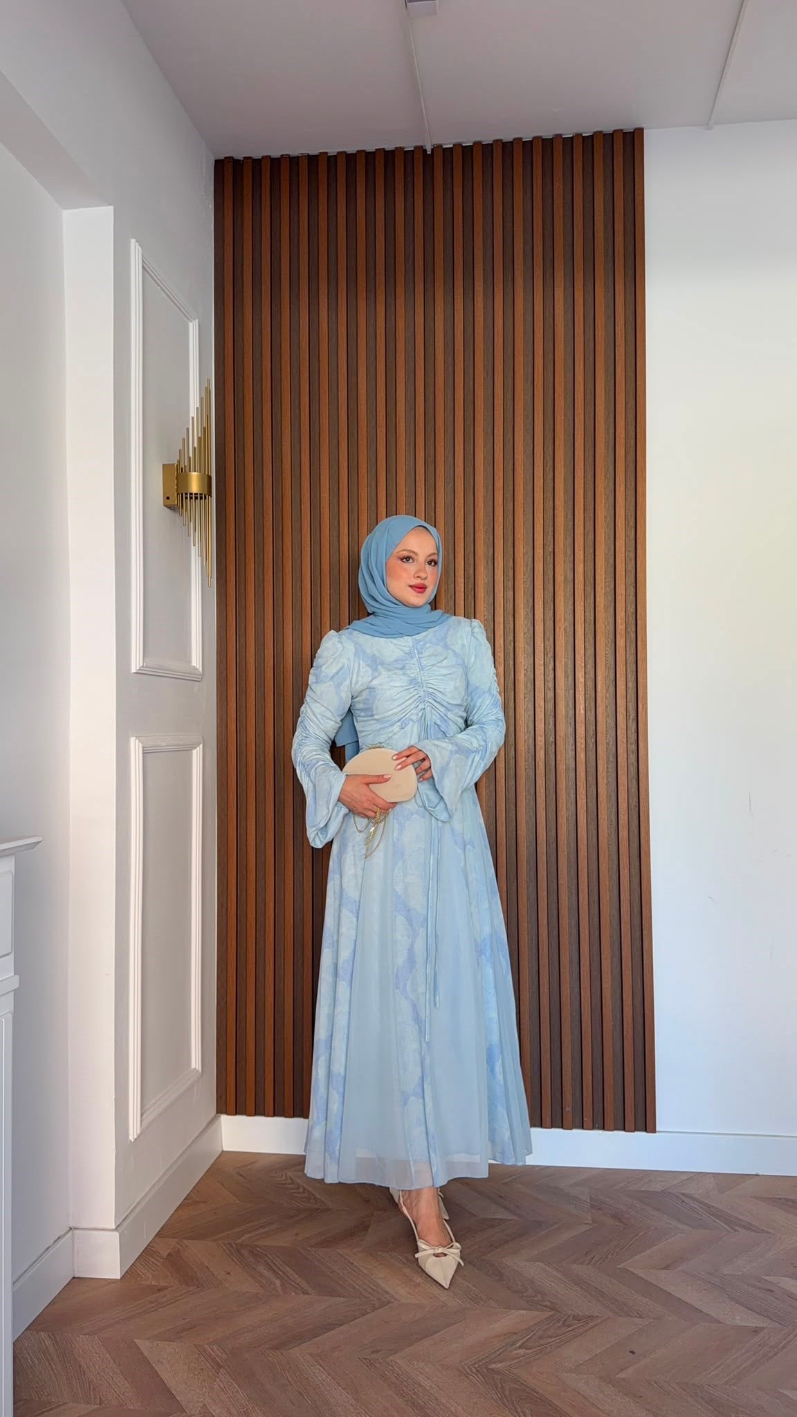 MEYSADESIGN ELBİSELER Lara Baskılı Desenli Şifon Elbise Bebe Mavisi