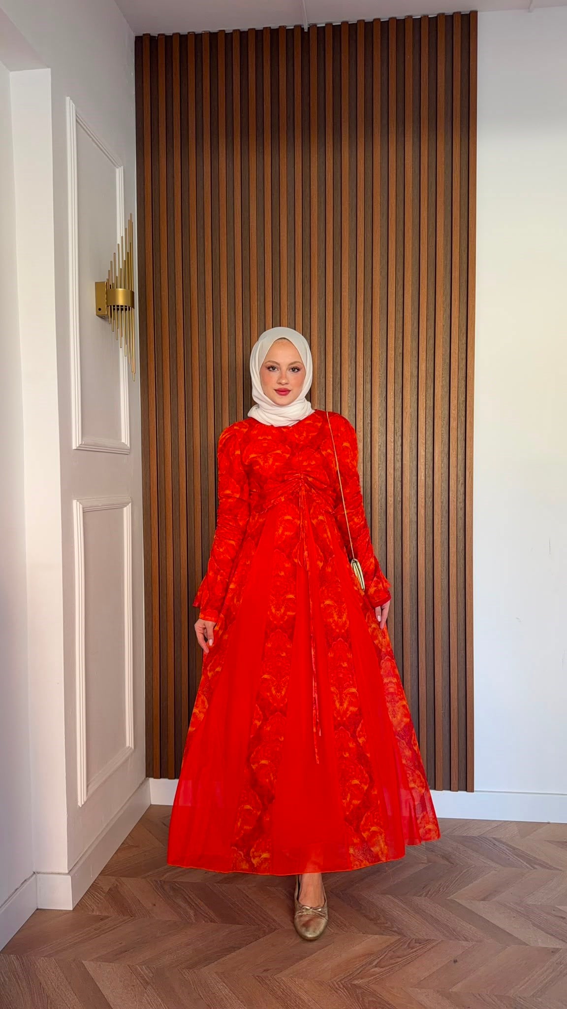 MEYSADESIGN ELBİSELER Lara Baskılı Desenli Şifon Elbise Turuncu
