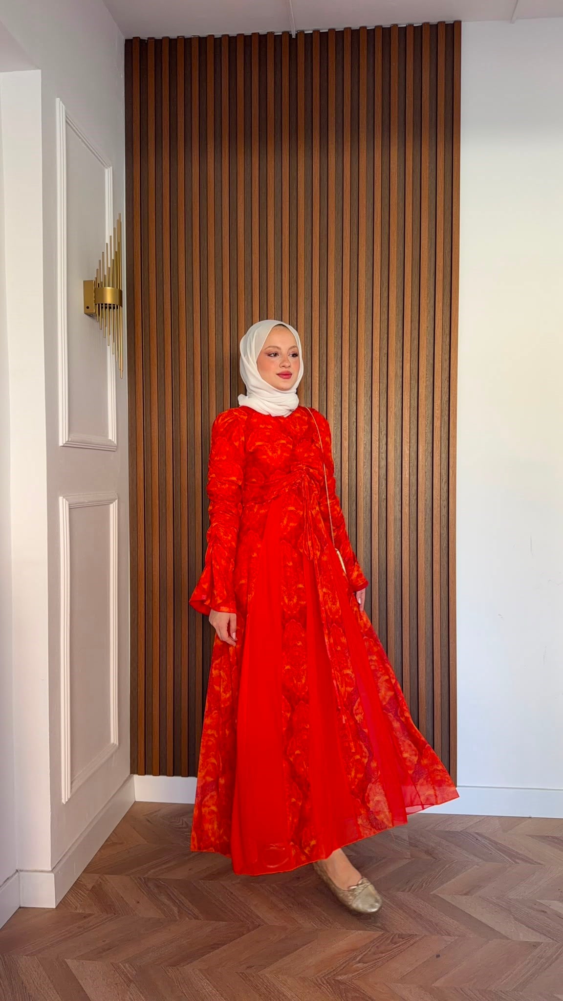 MEYSADESIGN ELBİSELER Lara Baskılı Desenli Şifon Elbise Turuncu
