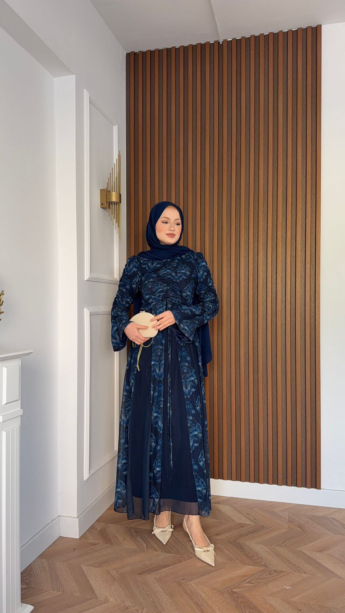 MEYSADESIGN ELBİSELER Lara Baskılı Desenli Şifon Elbise Lacivert