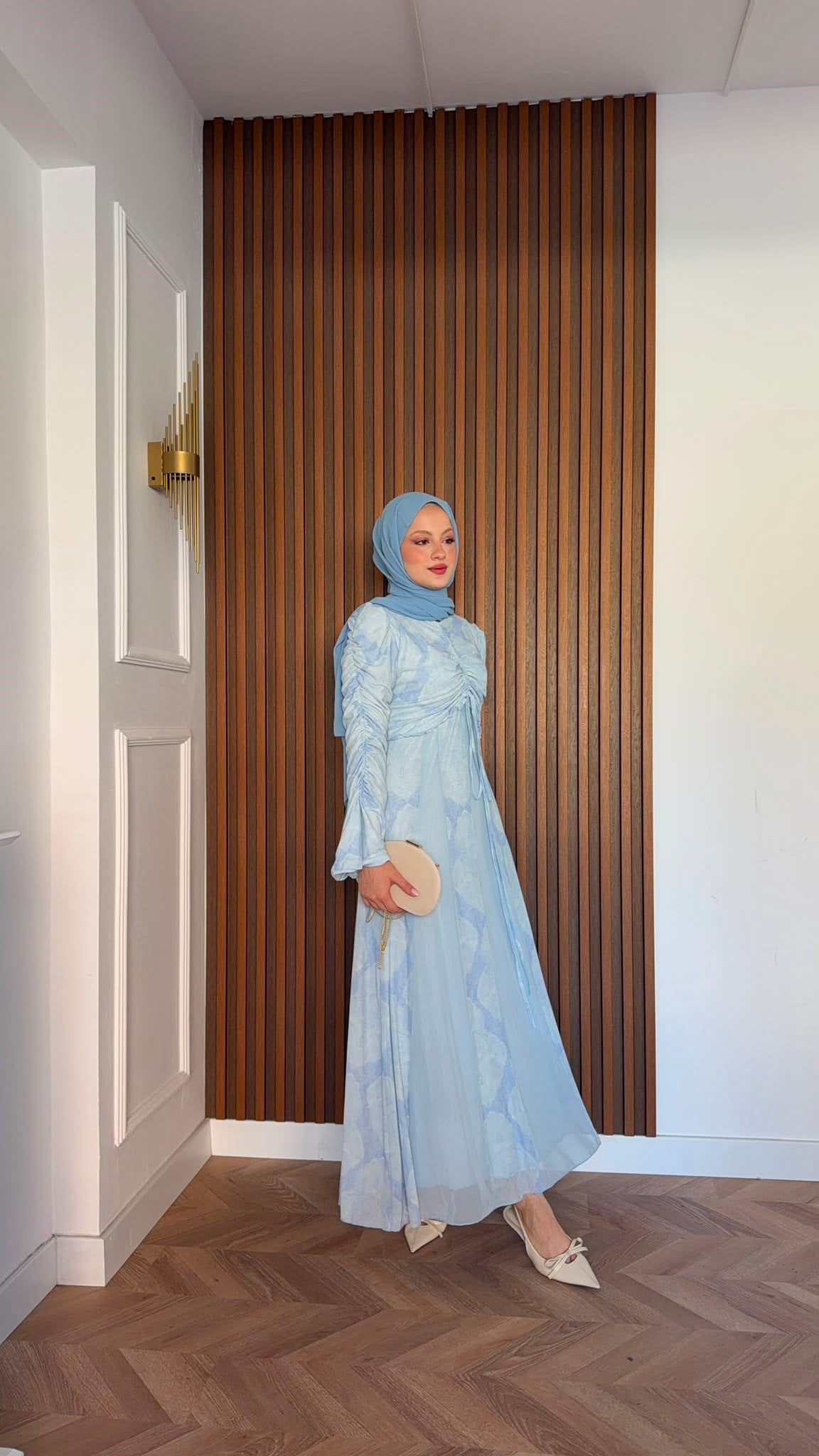 MEYSADESIGN ELBİSELER Lara Baskılı Desenli Şifon Elbise Bebe Mavisi
