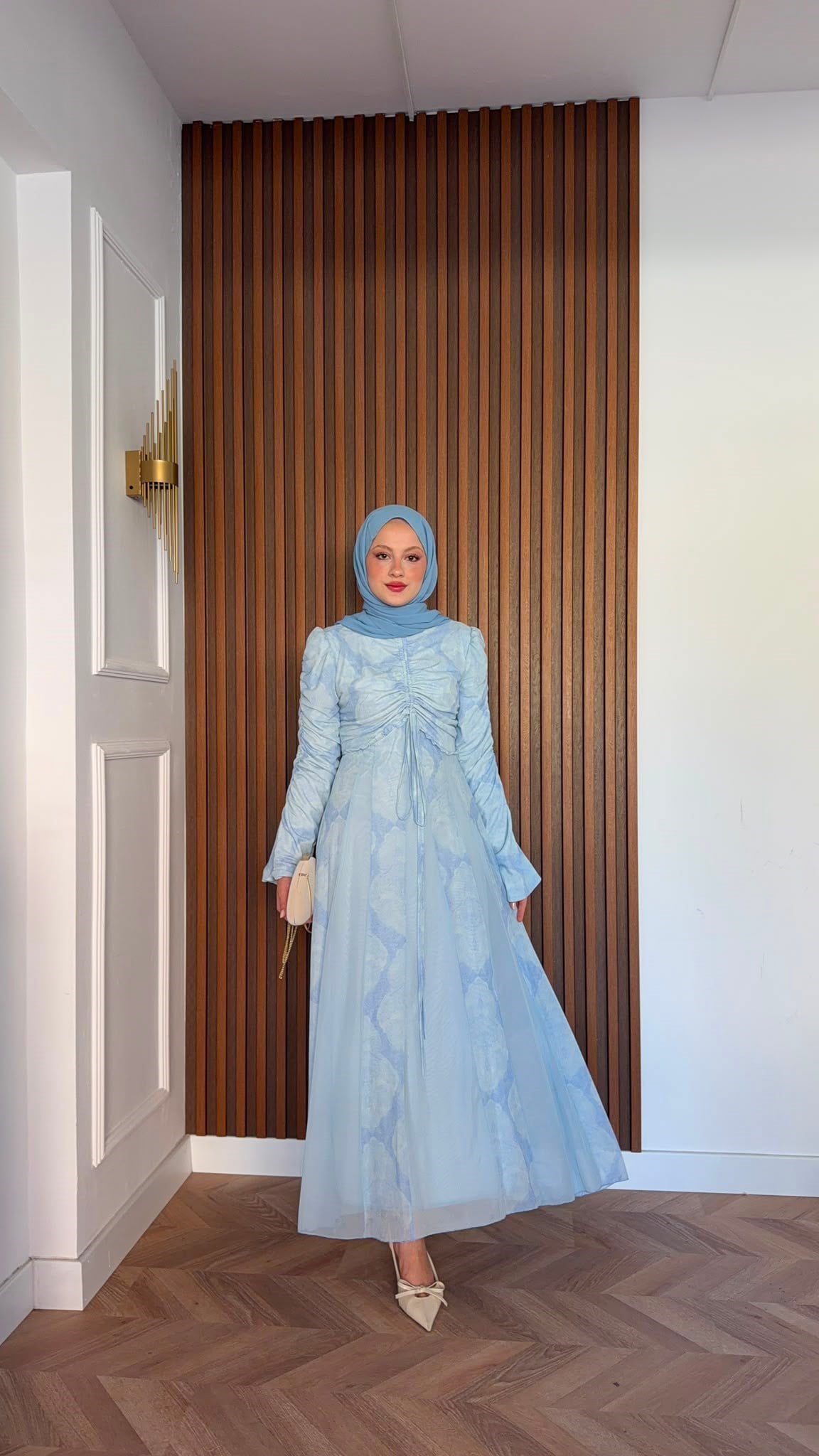 MEYSADESIGN ELBİSELER Lara Baskılı Desenli Şifon Elbise Bebe Mavisi