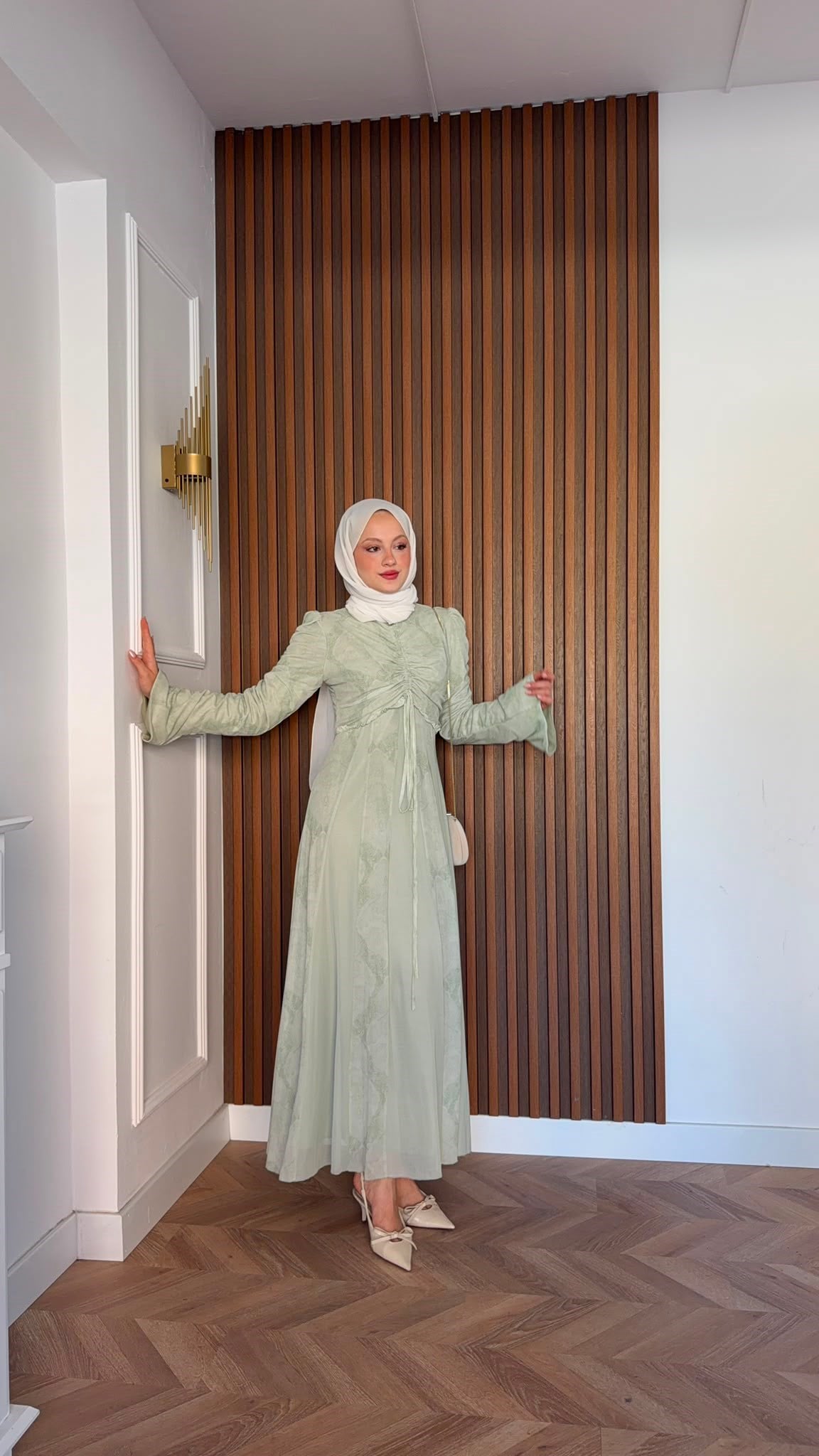 MEYSADESIGN ELBİSELER Lara Baskılı Desenli Şifon Elbise Su Yeşili