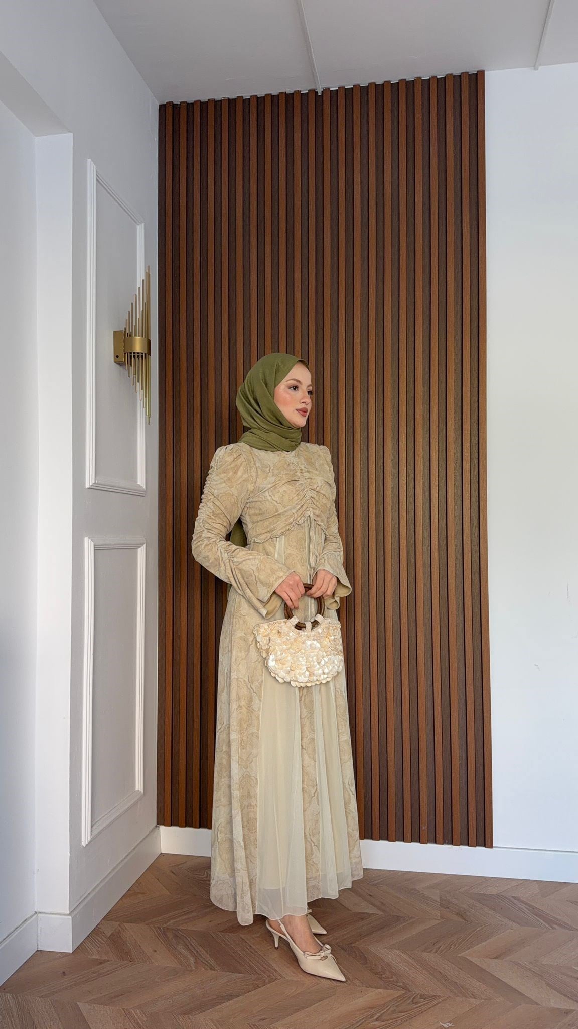 MEYSADESIGN ELBİSELER Lara Baskılı Desenli Şifon Elbise Krem