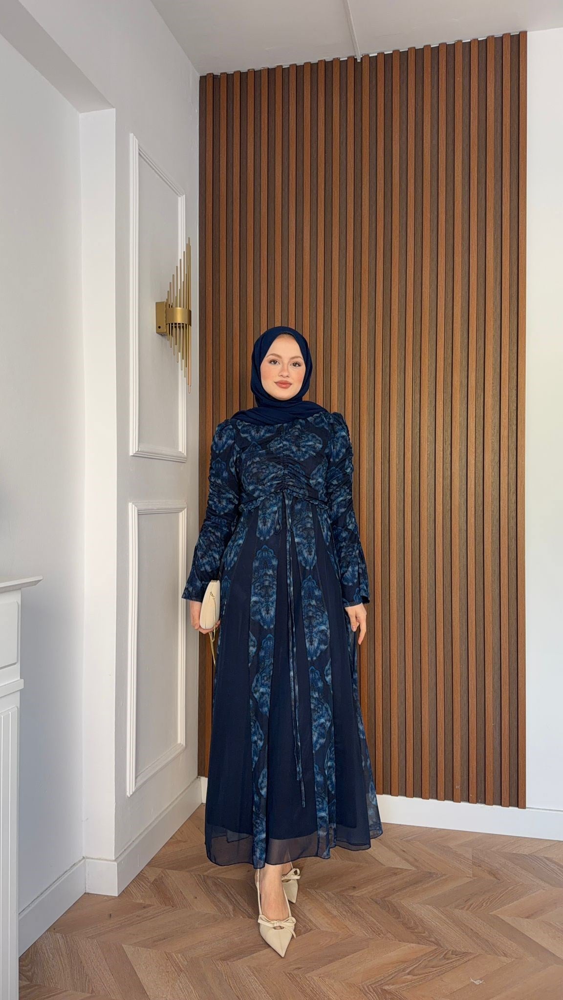 MEYSADESIGN ELBİSELER Lara Baskılı Desenli Şifon Elbise Lacivert