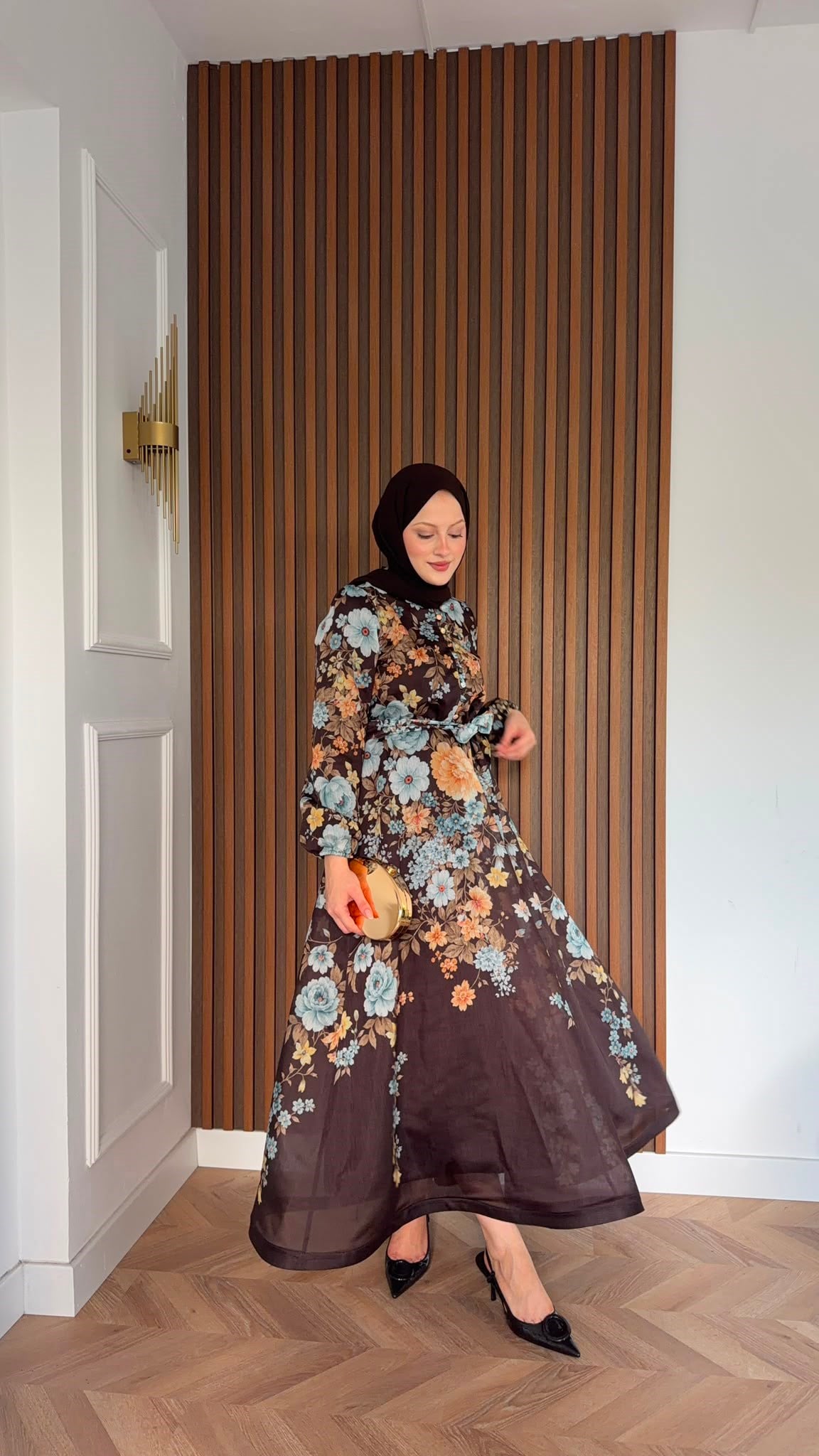 MEYSADESIGN ELBİSELER Lavinya Çiçekli Elbise Acı Kahve