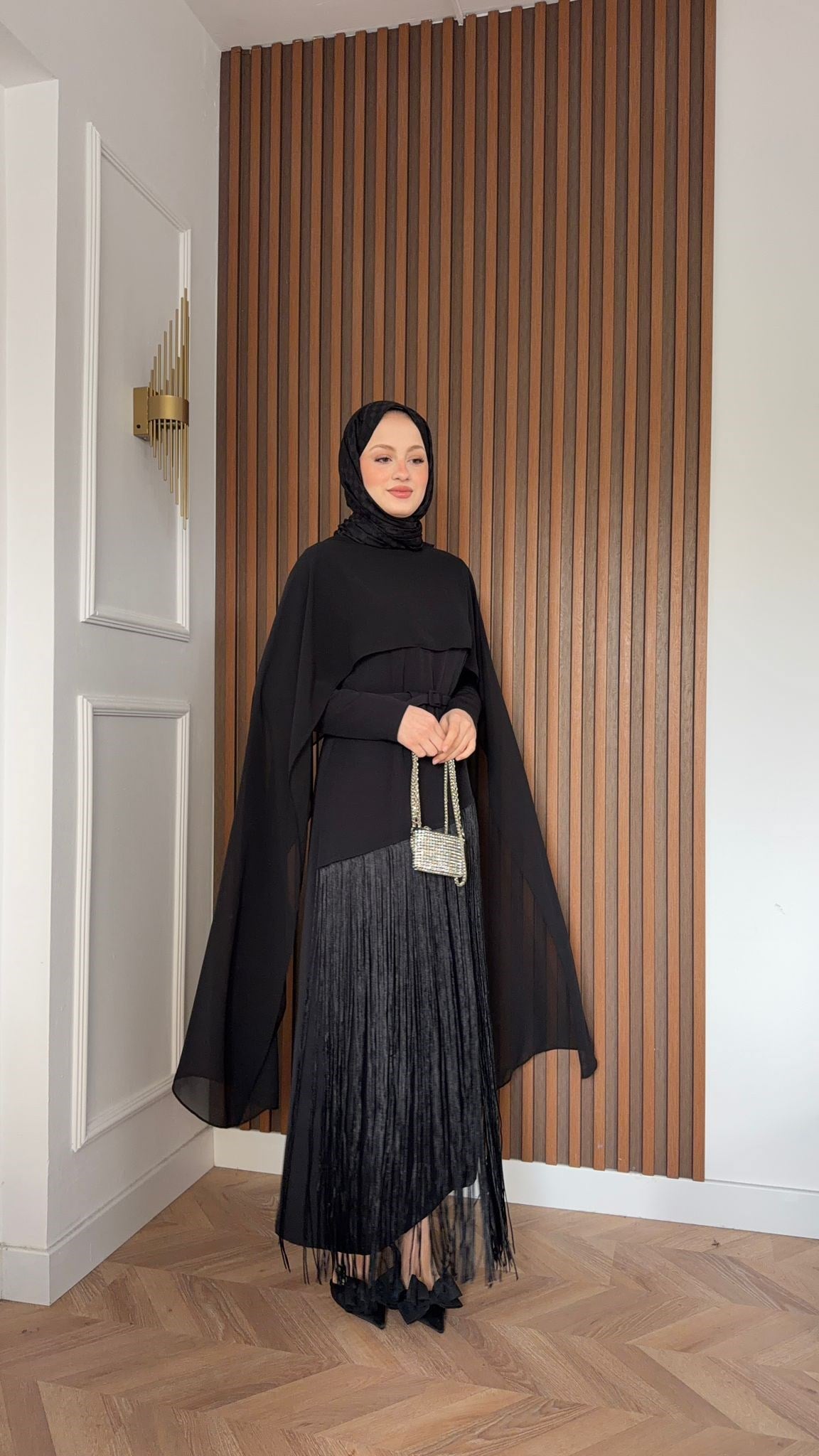 MEYSADESIGN ELBİSELER Mabel Püsküllü Pelerinli Elbise Siyah