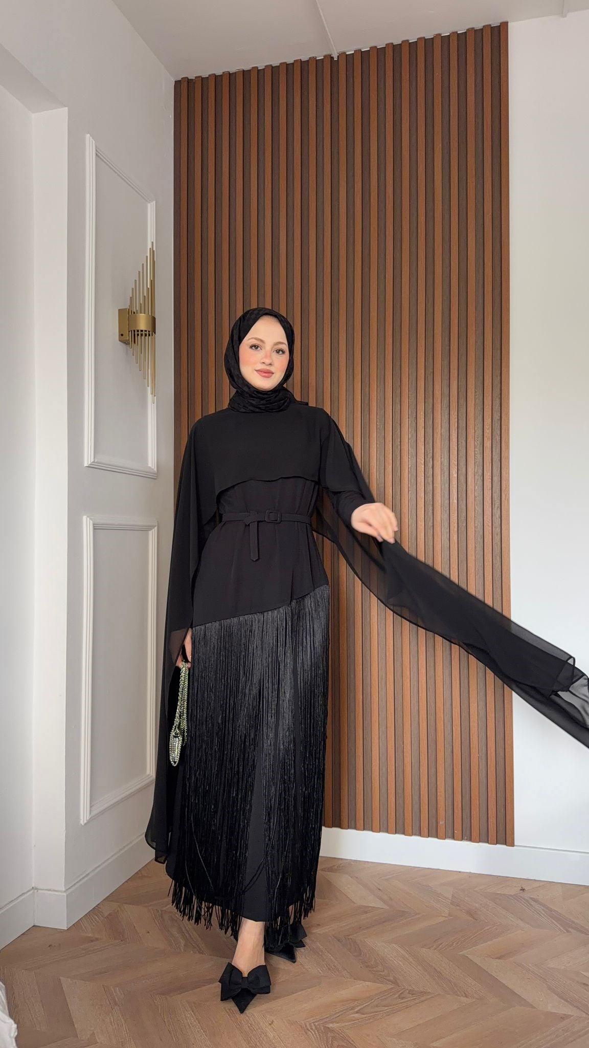 MEYSADESIGN ELBİSELER Mabel Püsküllü Pelerinli Elbise Siyah