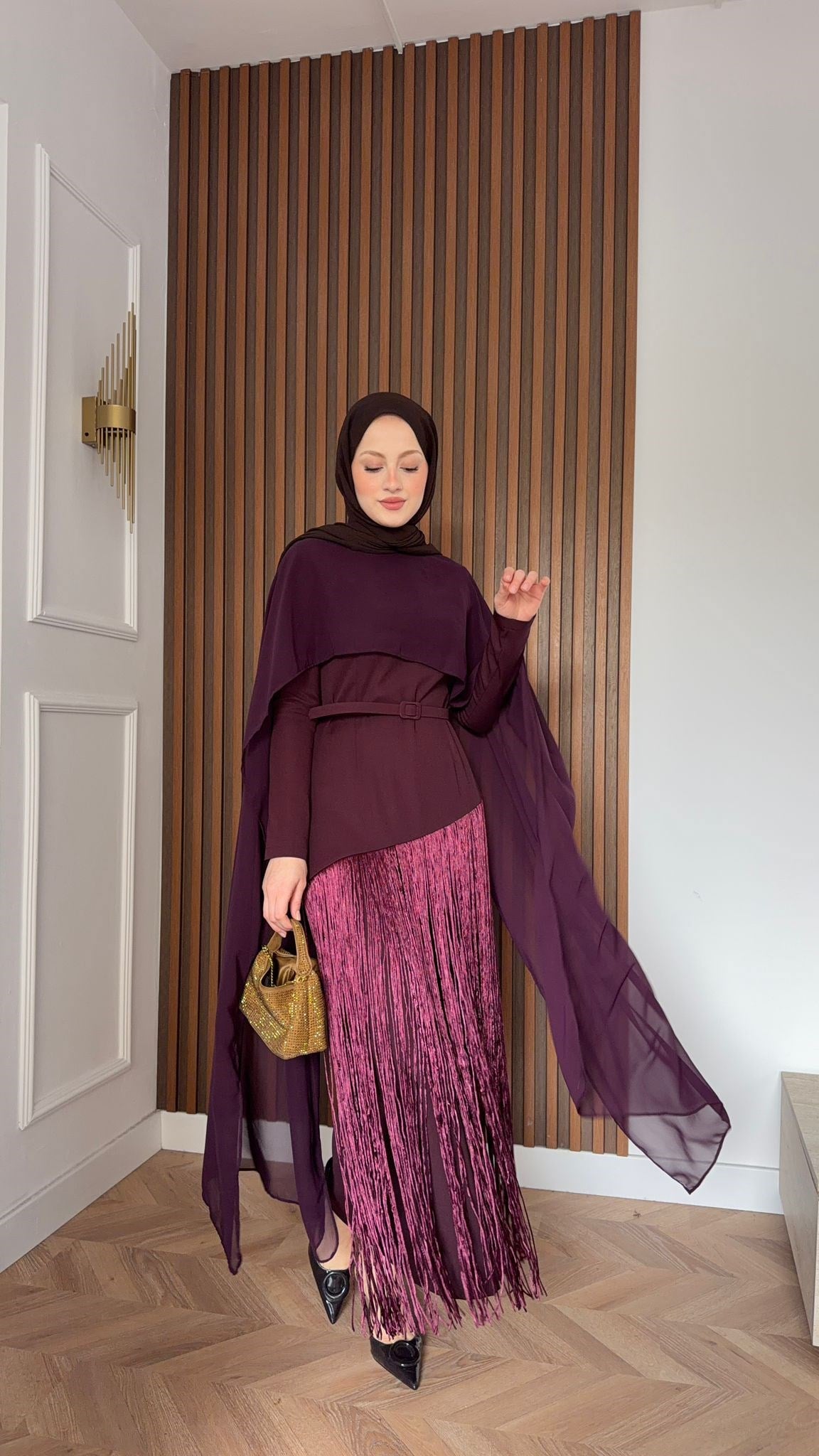 MEYSADESIGN ELBİSELER Mabel Püsküllü Pelerinli Elbise Bordo