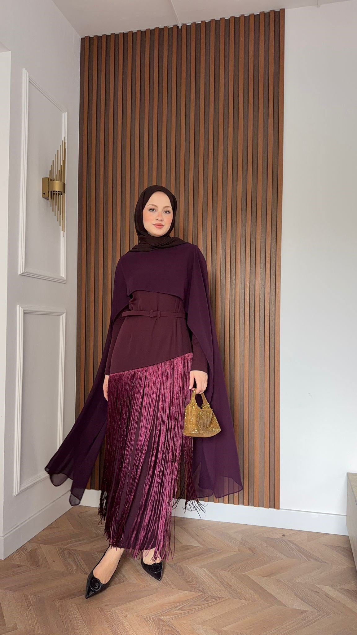 MEYSADESIGN ELBİSELER Mabel Püsküllü Pelerinli Elbise Bordo