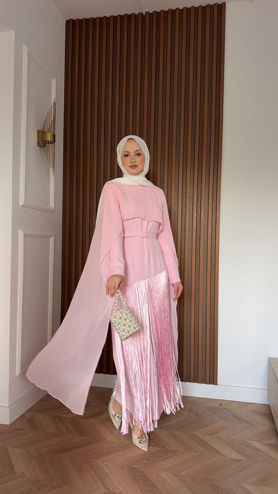 MEYSADESIGN ELBİSELER Mabel Püsküllü Pelerinli Elbise Pudra