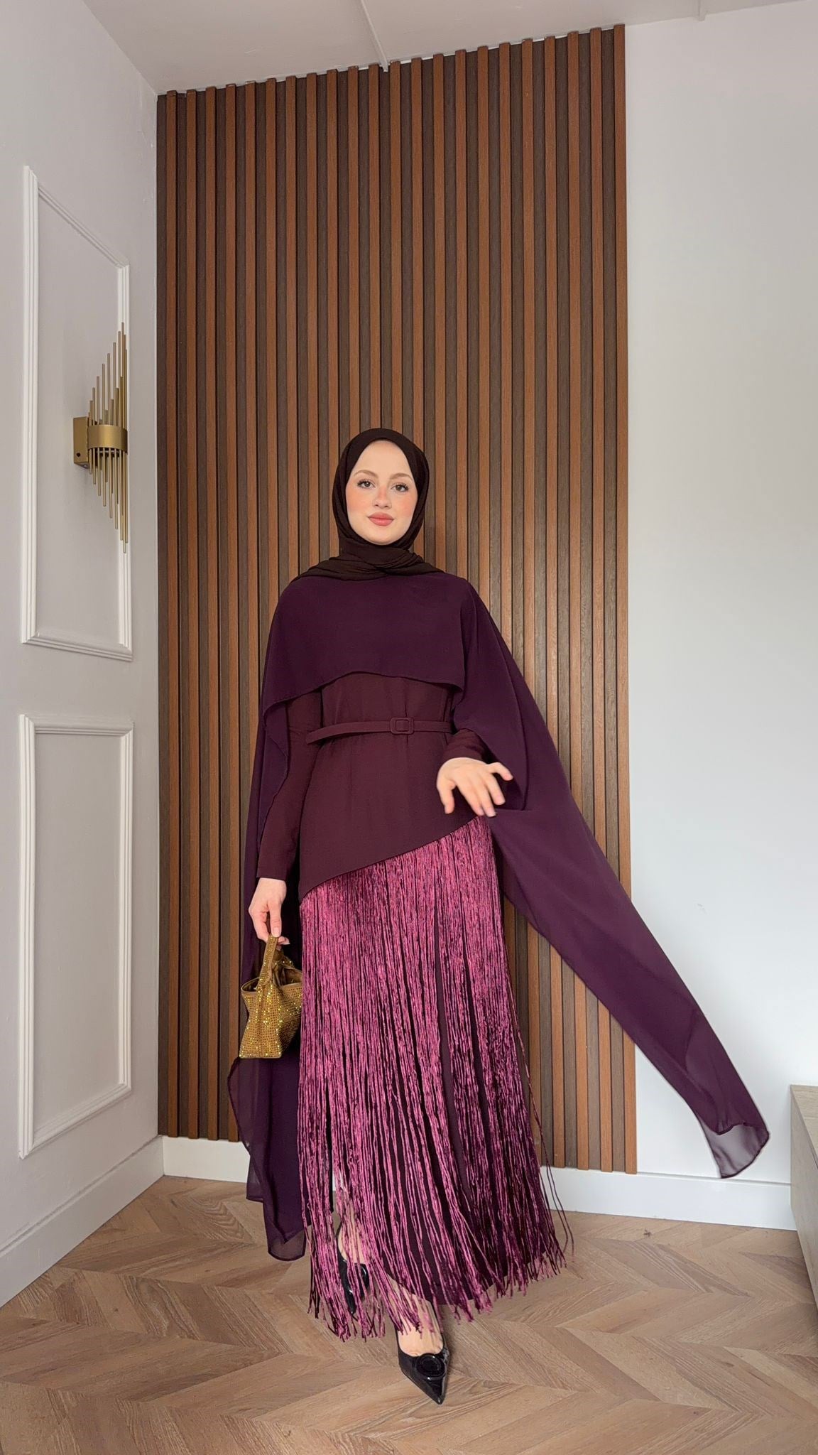 MEYSADESIGN ELBİSELER Mabel Püsküllü Pelerinli Elbise Bordo