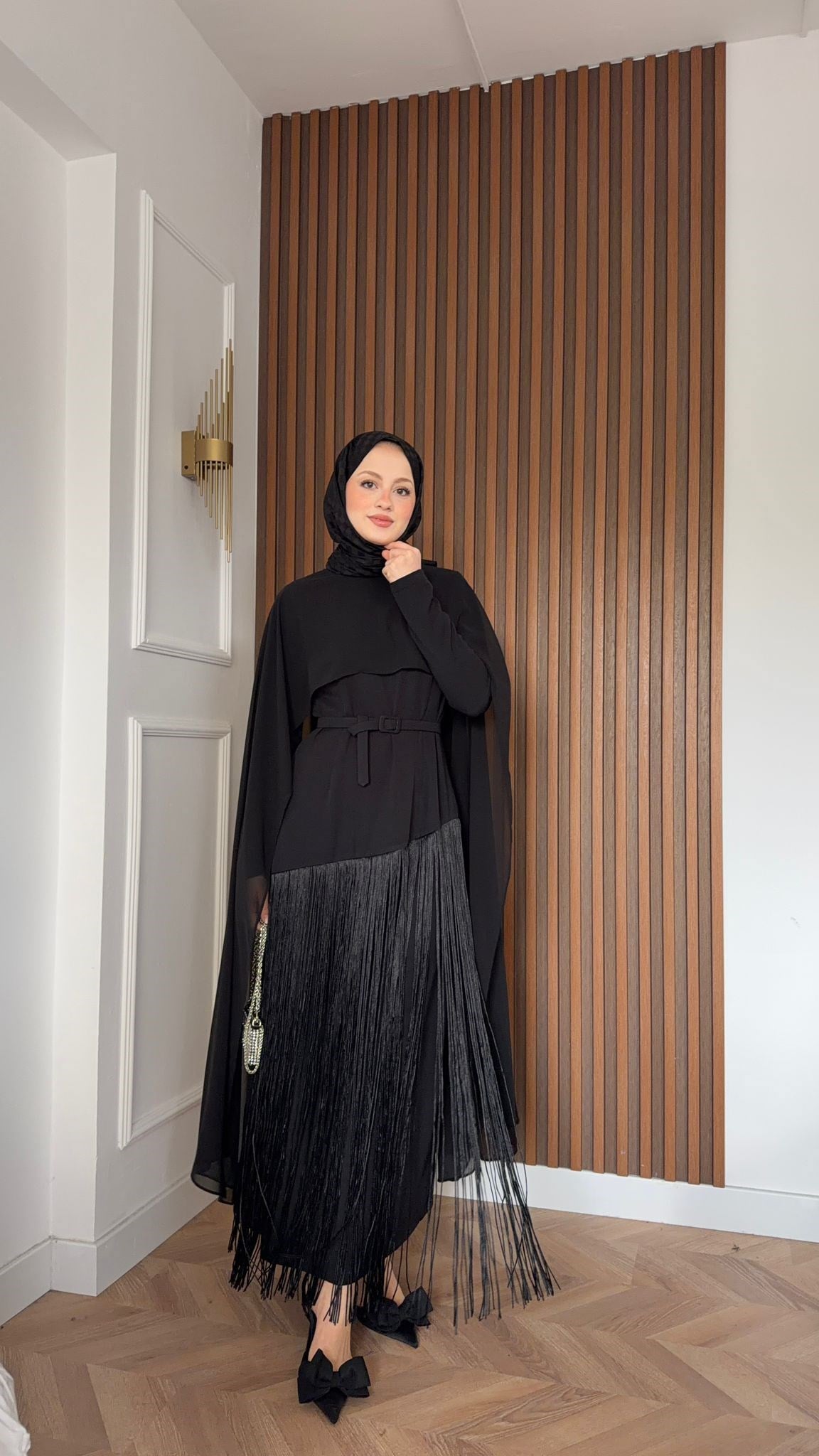 MEYSADESIGN ELBİSELER Mabel Püsküllü Pelerinli Elbise Siyah