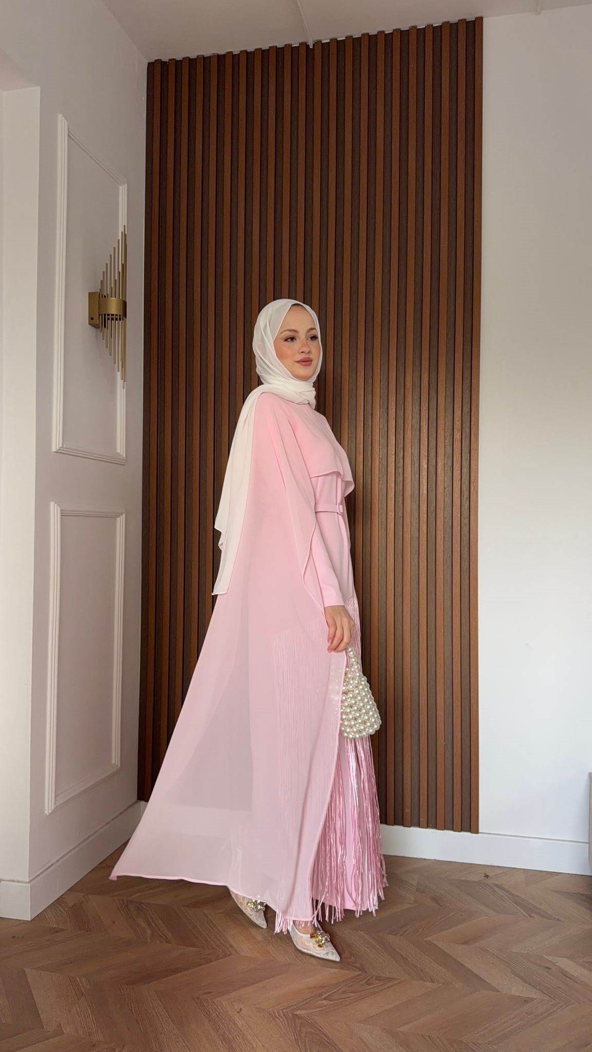 MEYSADESIGN ELBİSELER Mabel Püsküllü Pelerinli Elbise Pudra