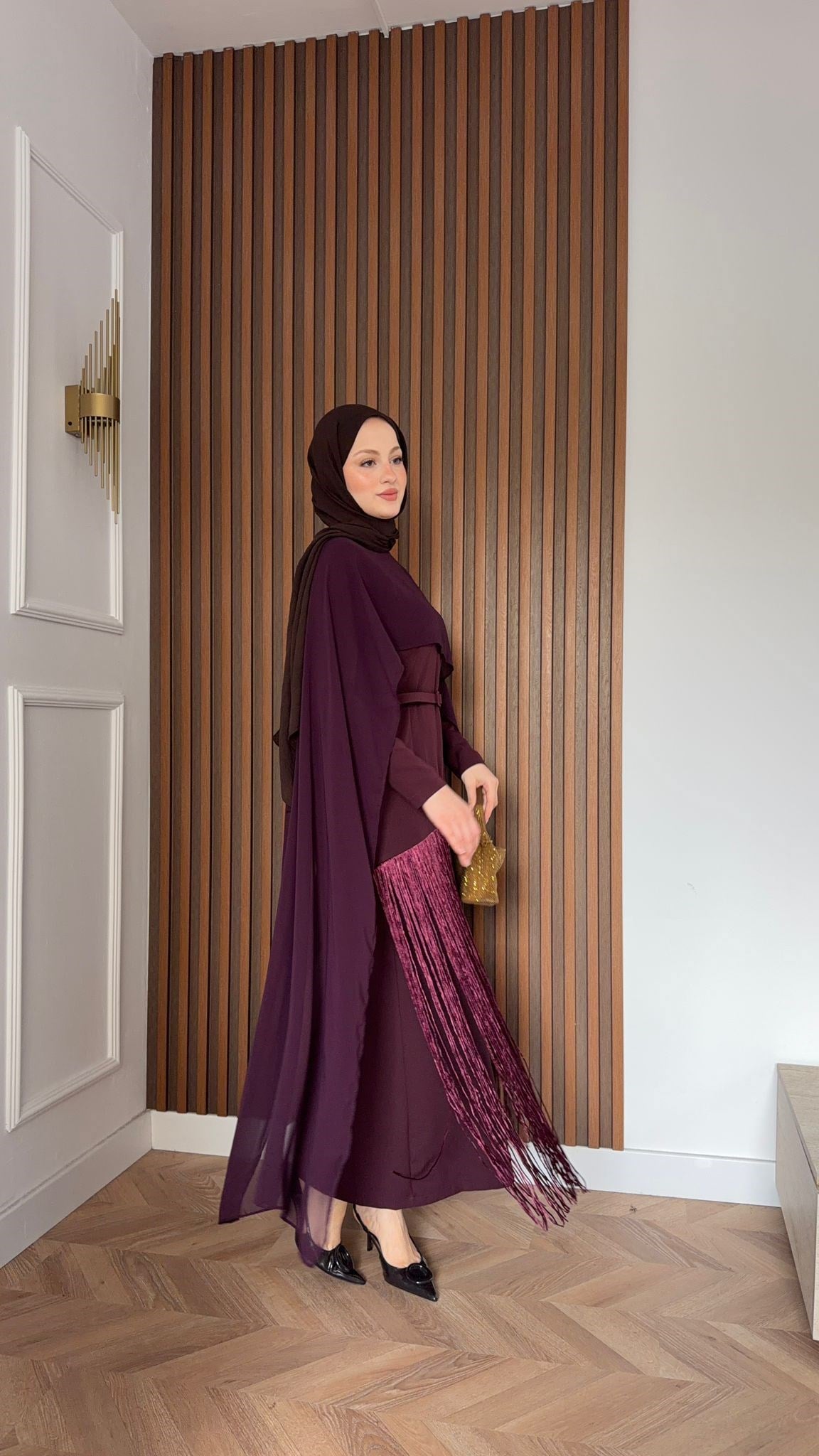 MEYSADESIGN ELBİSELER Mabel Püsküllü Pelerinli Elbise Bordo