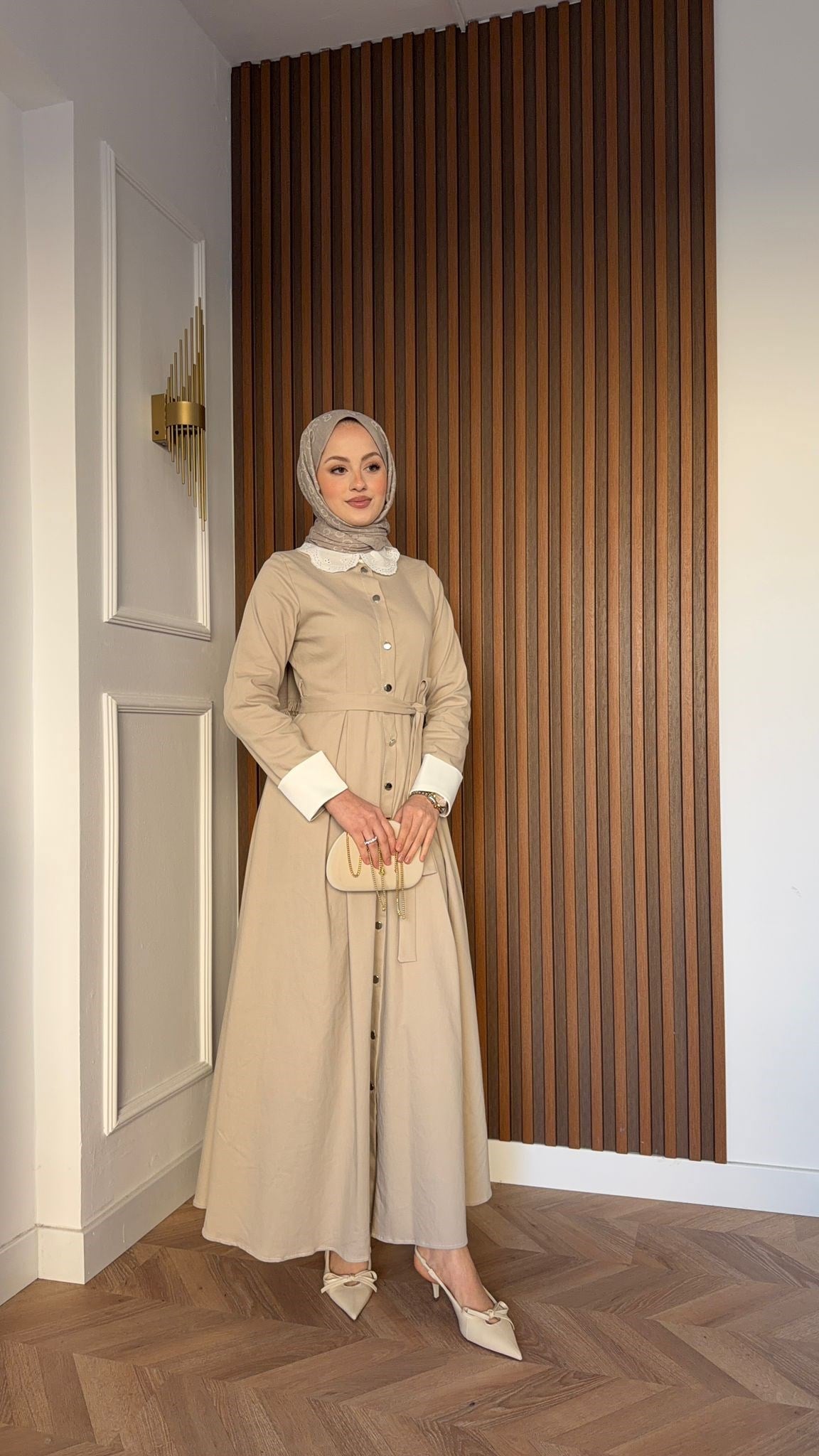 MEYSADESIGN DRESSES Mini Dantel Yakalı Elbise Bej