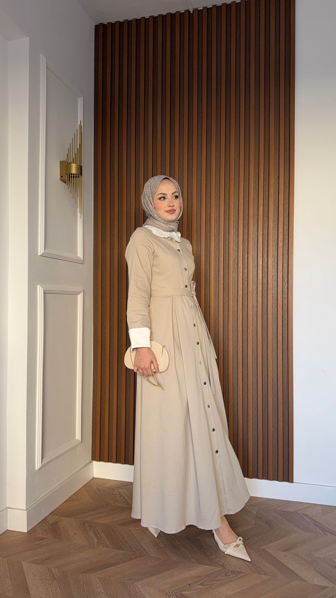 MEYSADESIGN DRESSES Mini Dantel Yakalı Elbise Bej