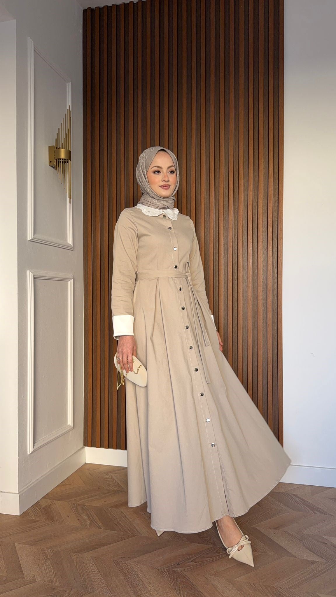 MEYSADESIGN DRESSES Mini Dantel Yakalı Elbise Bej