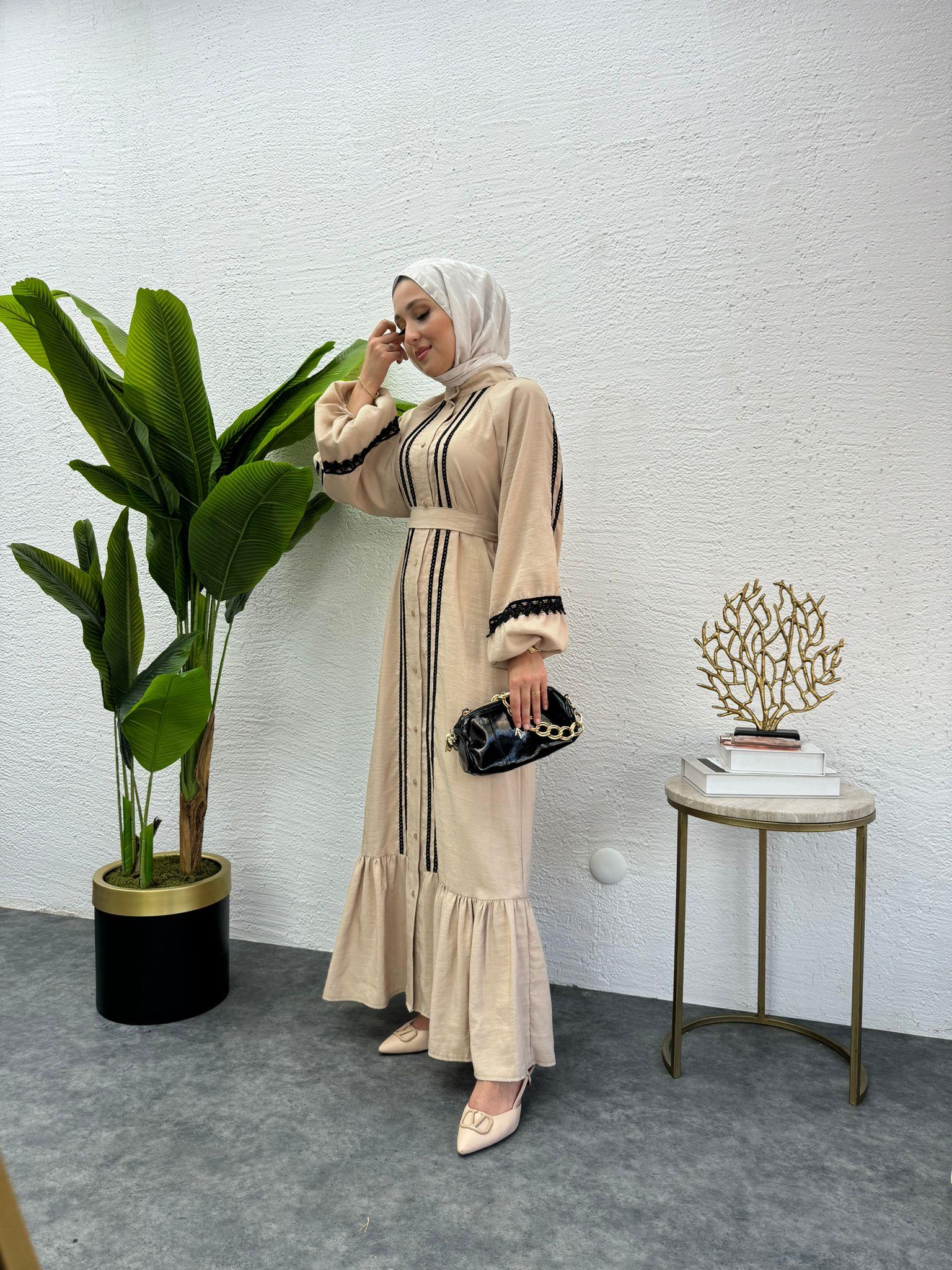 MEYSADESIGN ELBİSELER Modal İşlemeli Elbise Bej