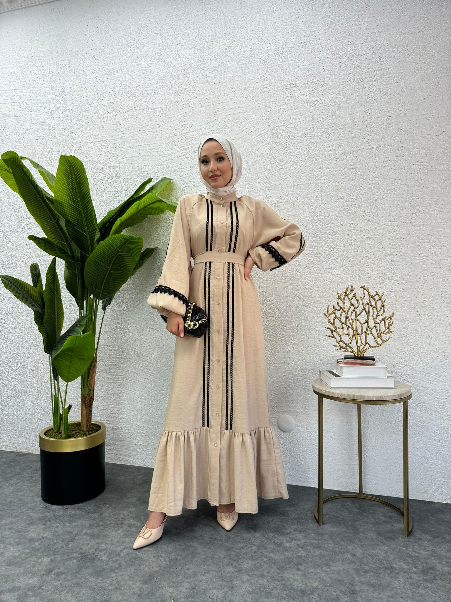 MEYSADESIGN ELBİSELER Modal İşlemeli Elbise Bej