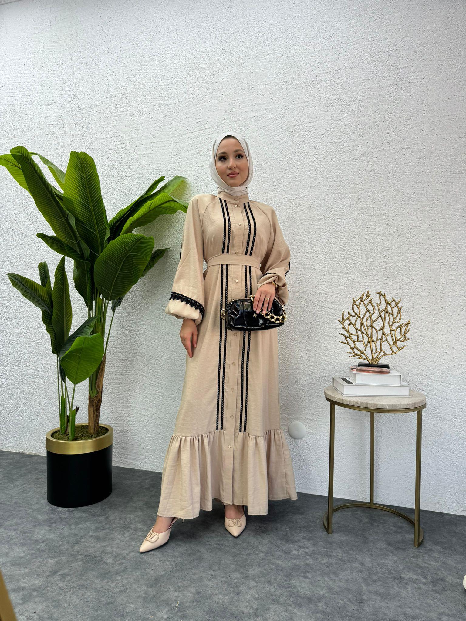 MEYSADESIGN ELBİSELER Modal İşlemeli Elbise Bej