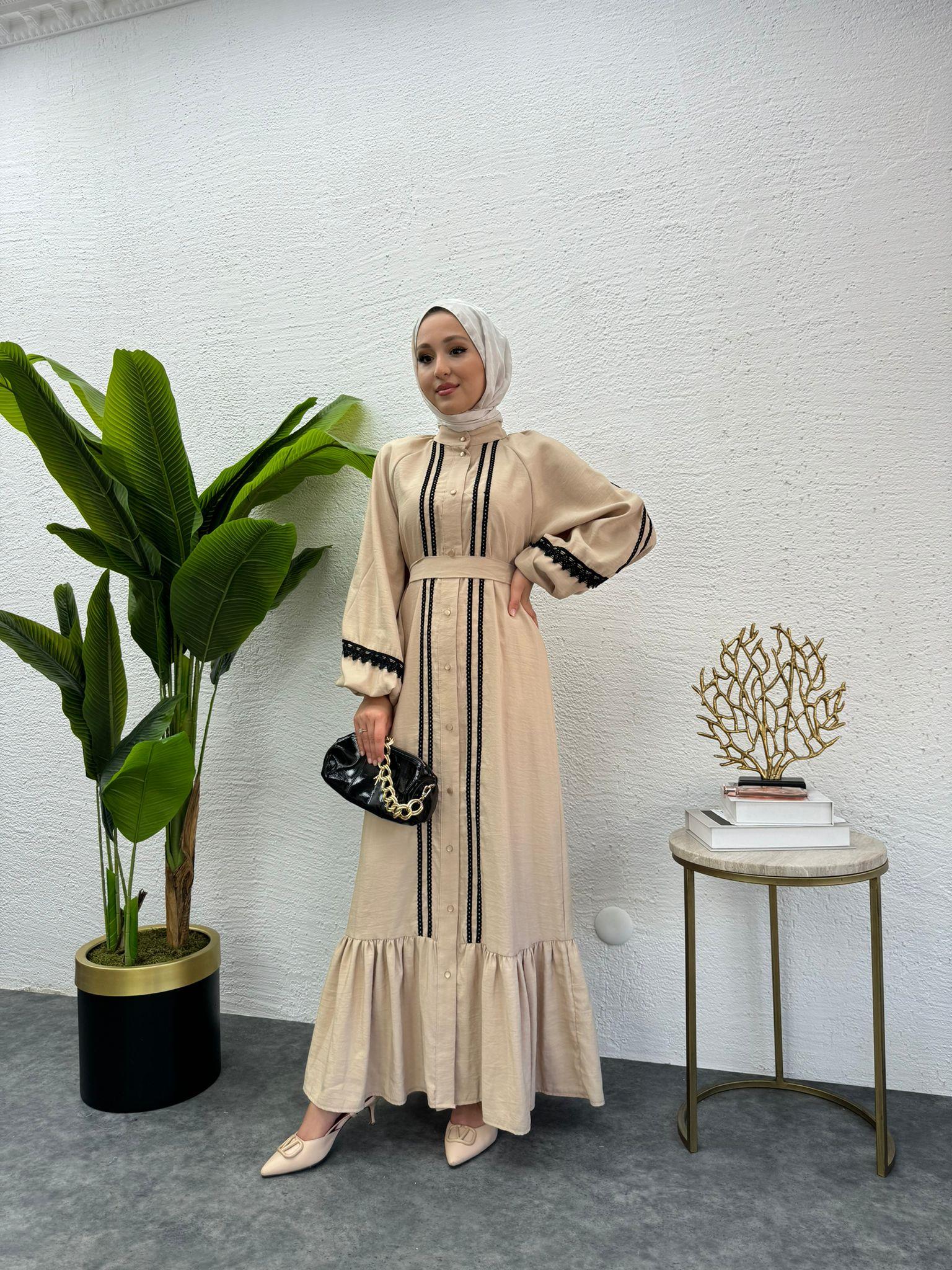 MEYSADESIGN ELBİSELER Modal İşlemeli Elbise Bej