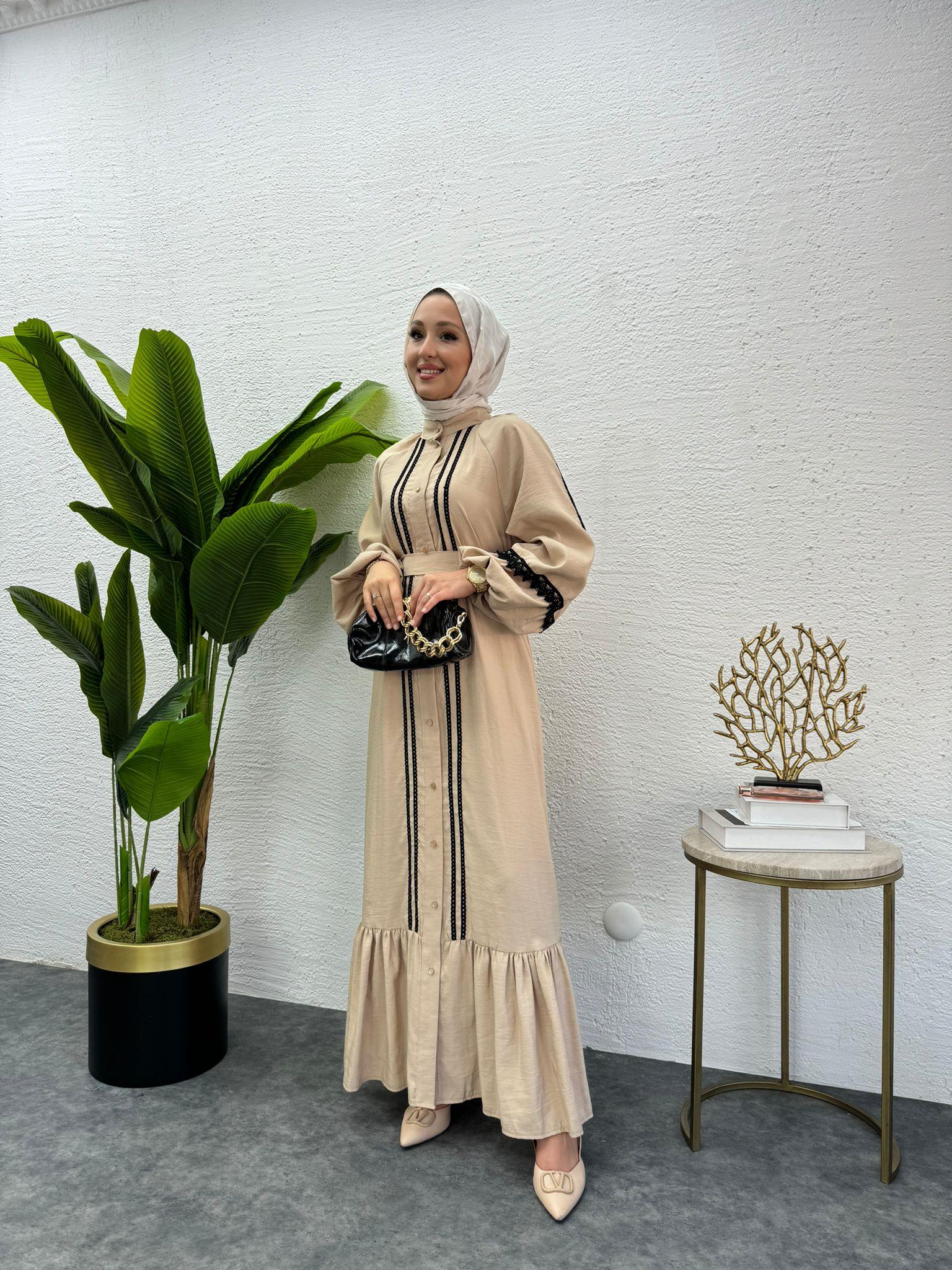 MEYSADESIGN ELBİSELER Modal İşlemeli Elbise Bej