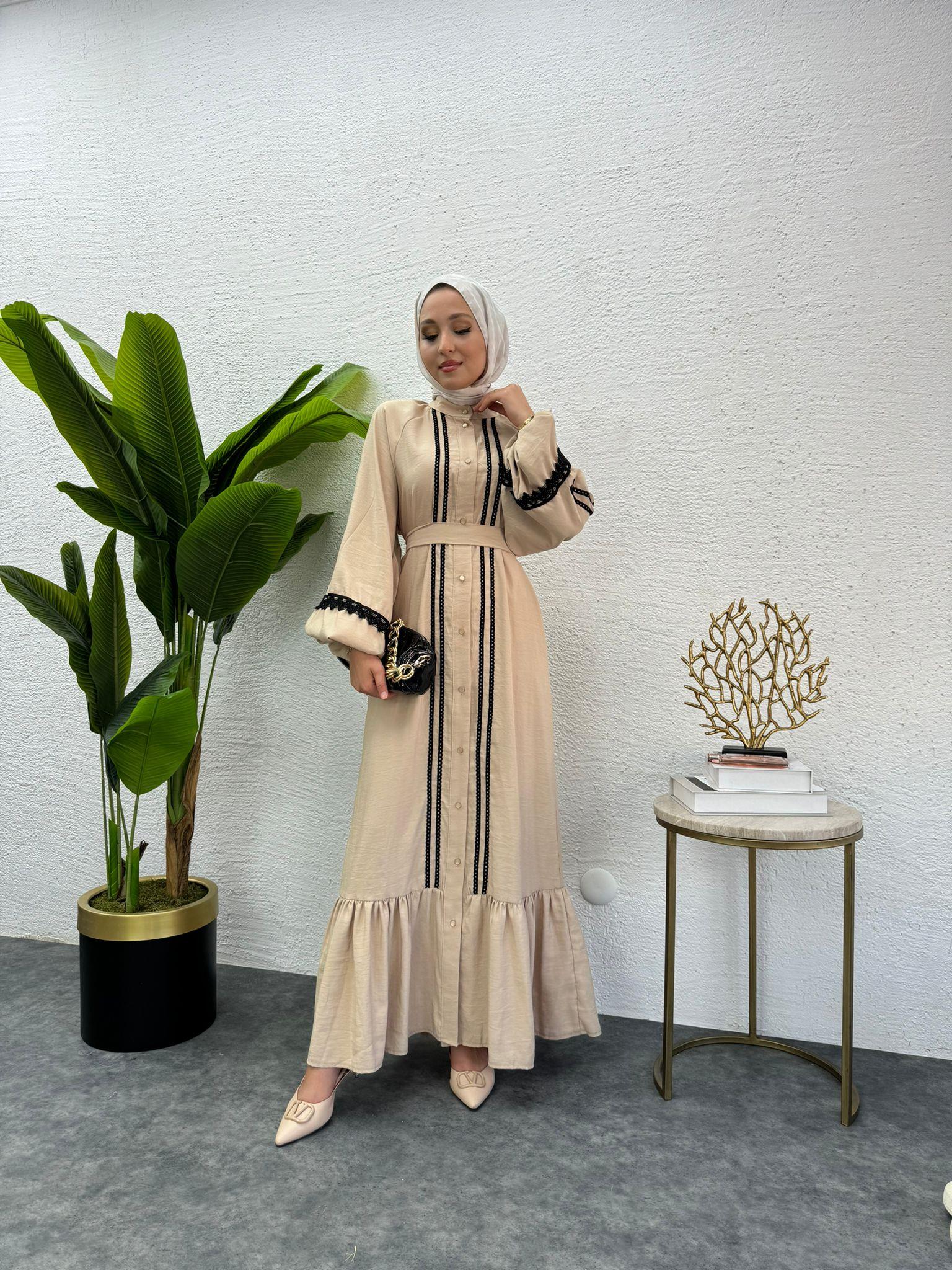 MEYSADESIGN ELBİSELER Modal İşlemeli Elbise Bej