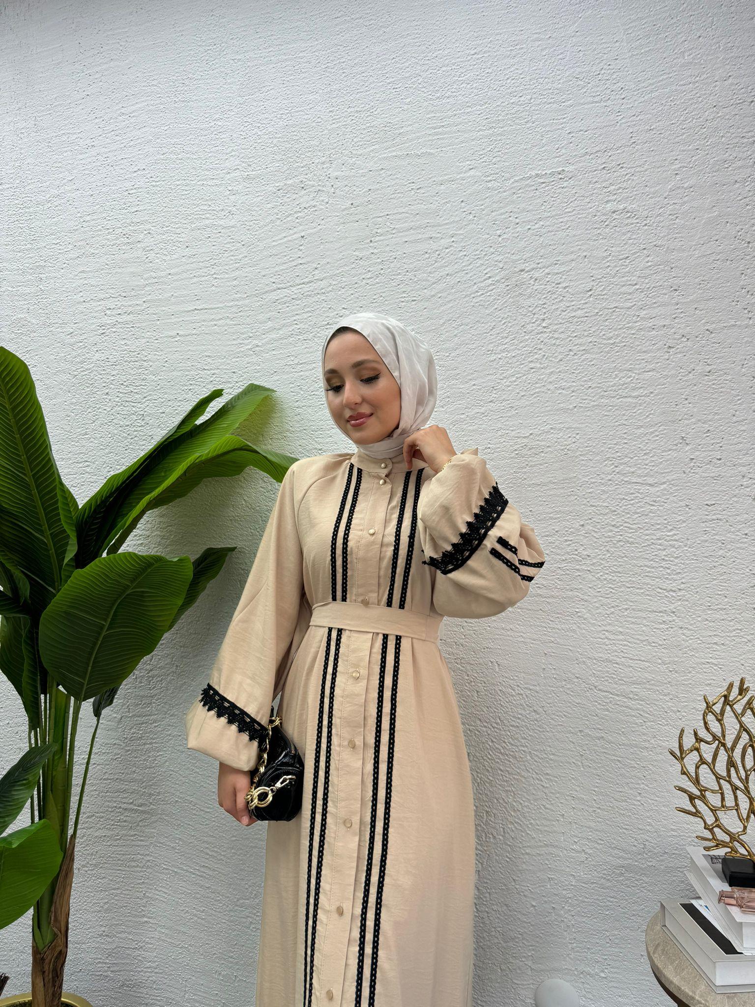 MEYSADESIGN ELBİSELER Modal İşlemeli Elbise Bej