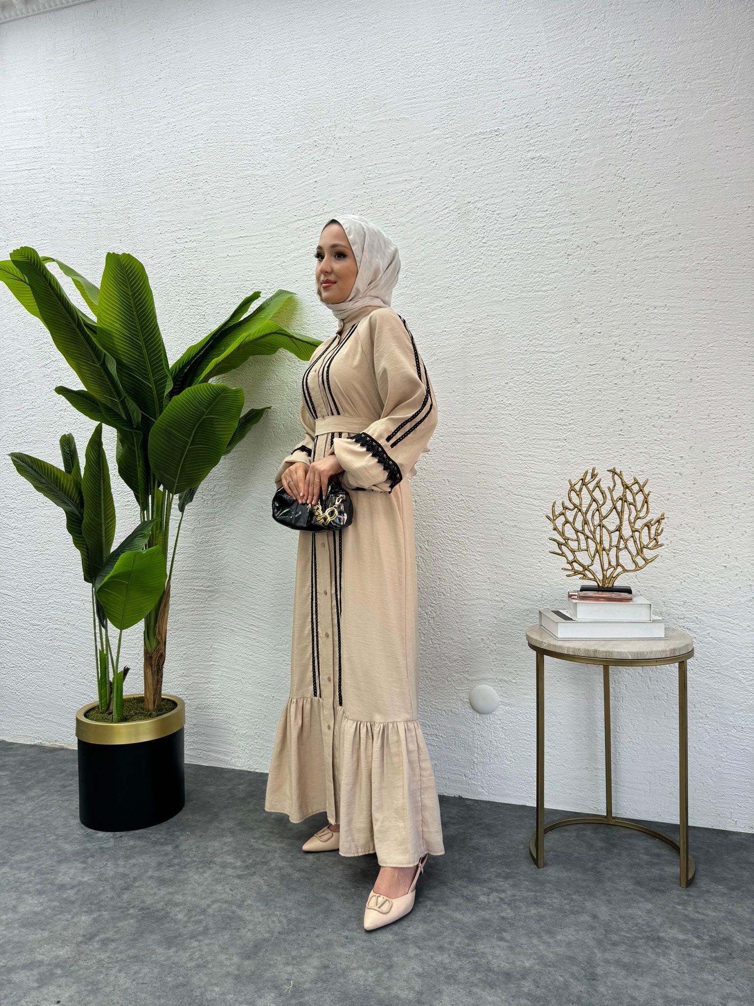 MEYSADESIGN ELBİSELER Modal İşlemeli Elbise Bej