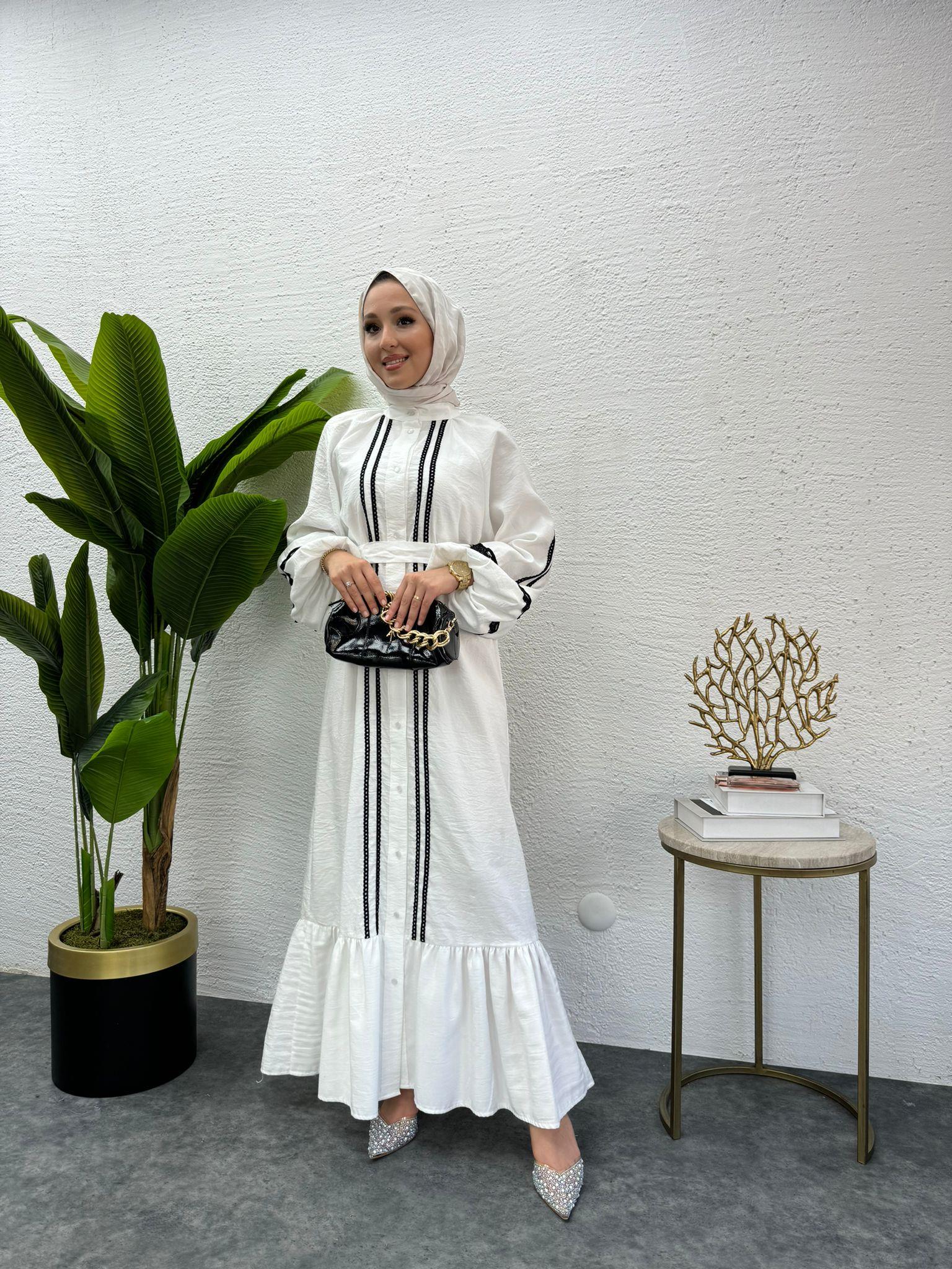 MEYSADESIGN ELBİSELER Modal İşlemeli Elbise Beyaz