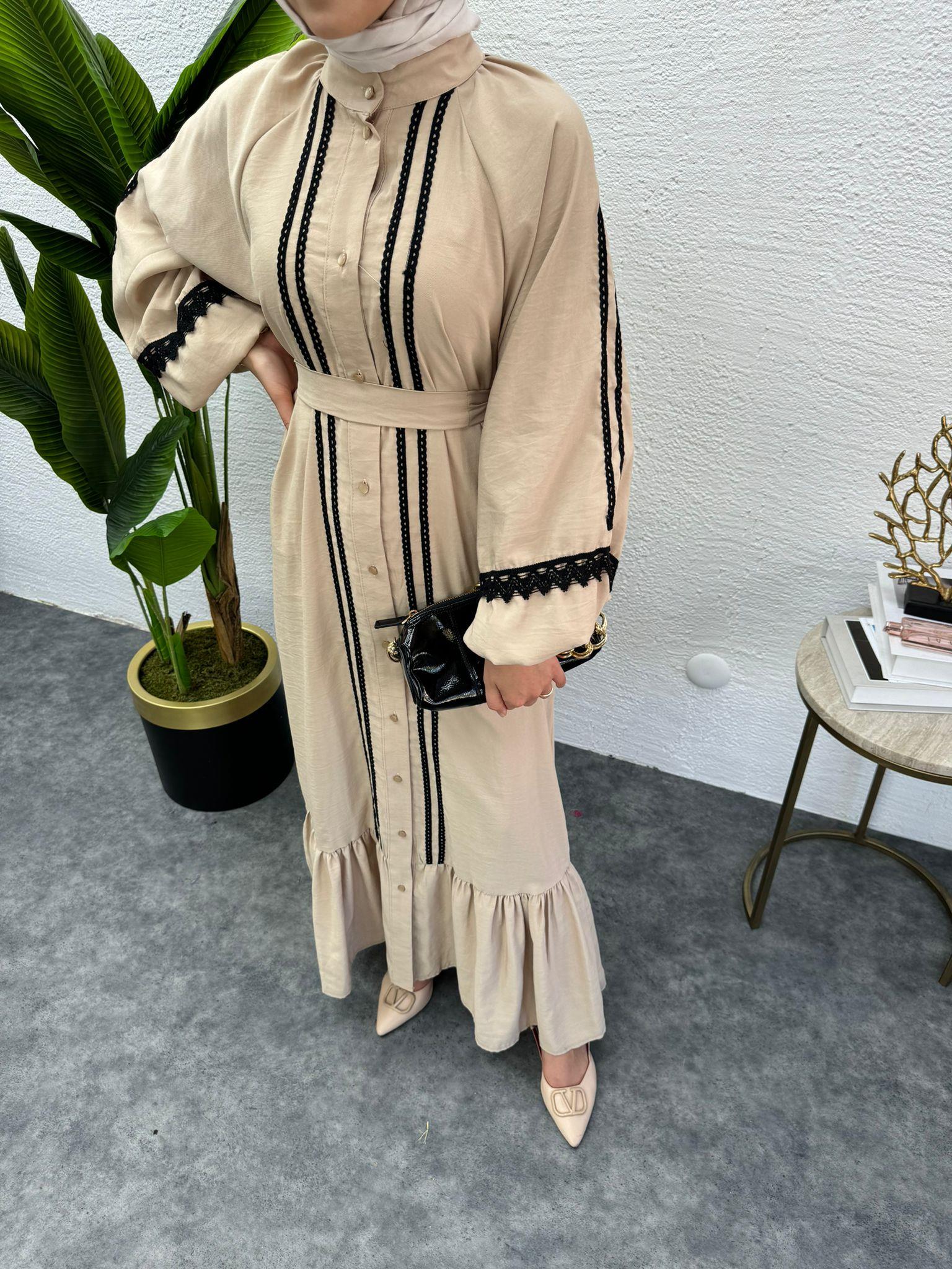 MEYSADESIGN ELBİSELER Modal İşlemeli Elbise Bej