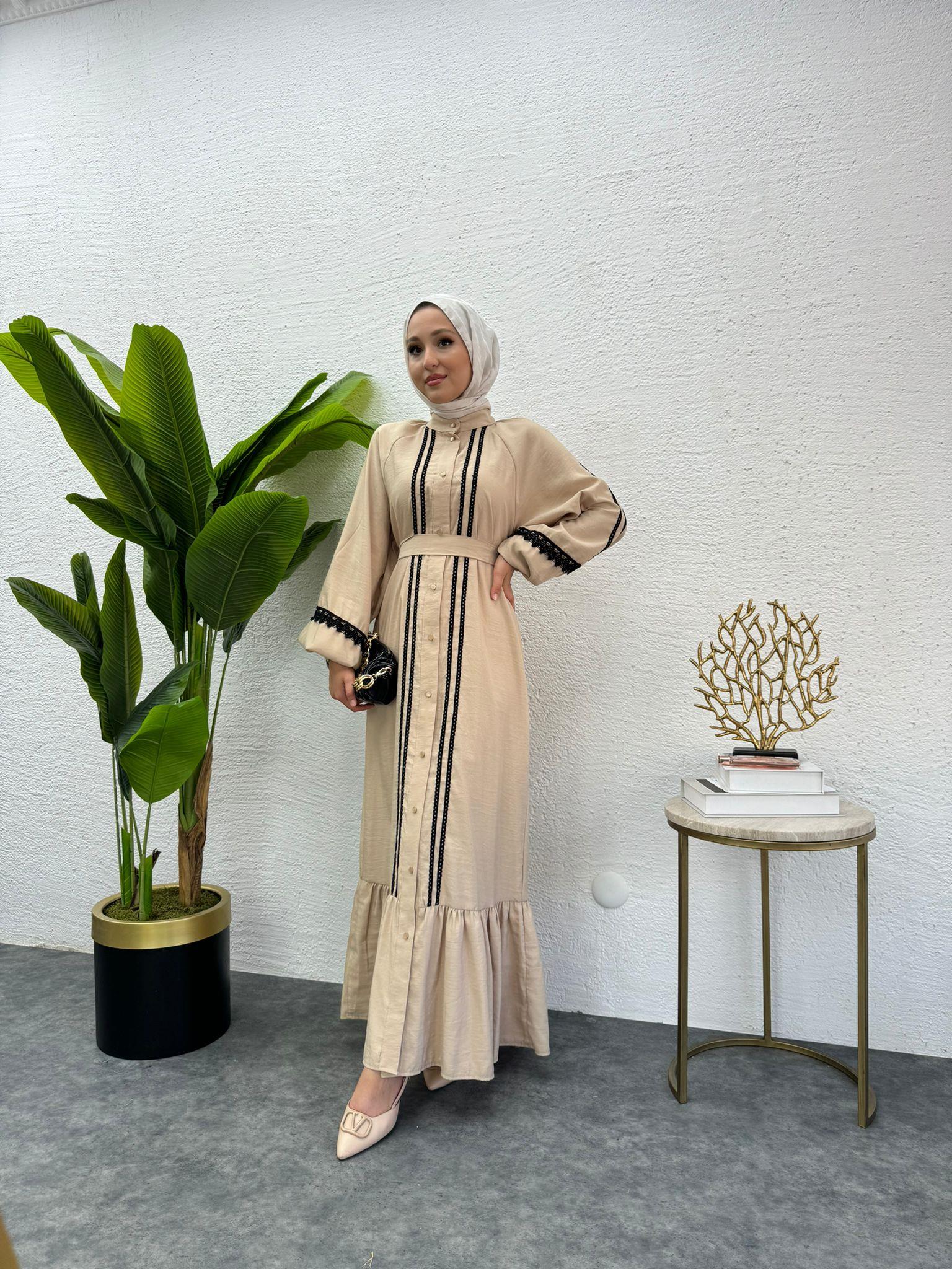 MEYSADESIGN ELBİSELER Modal İşlemeli Elbise Bej