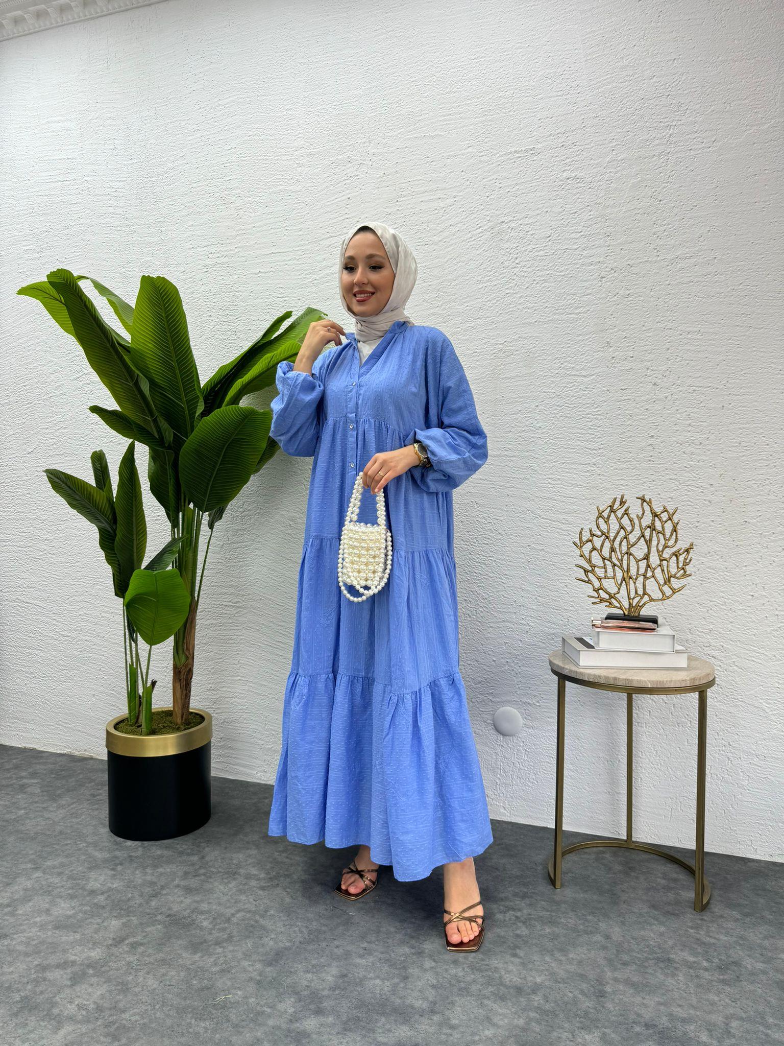 MEYSADESIGN ELBİSELER Önü Düğmeli Keten Elbise Mavi