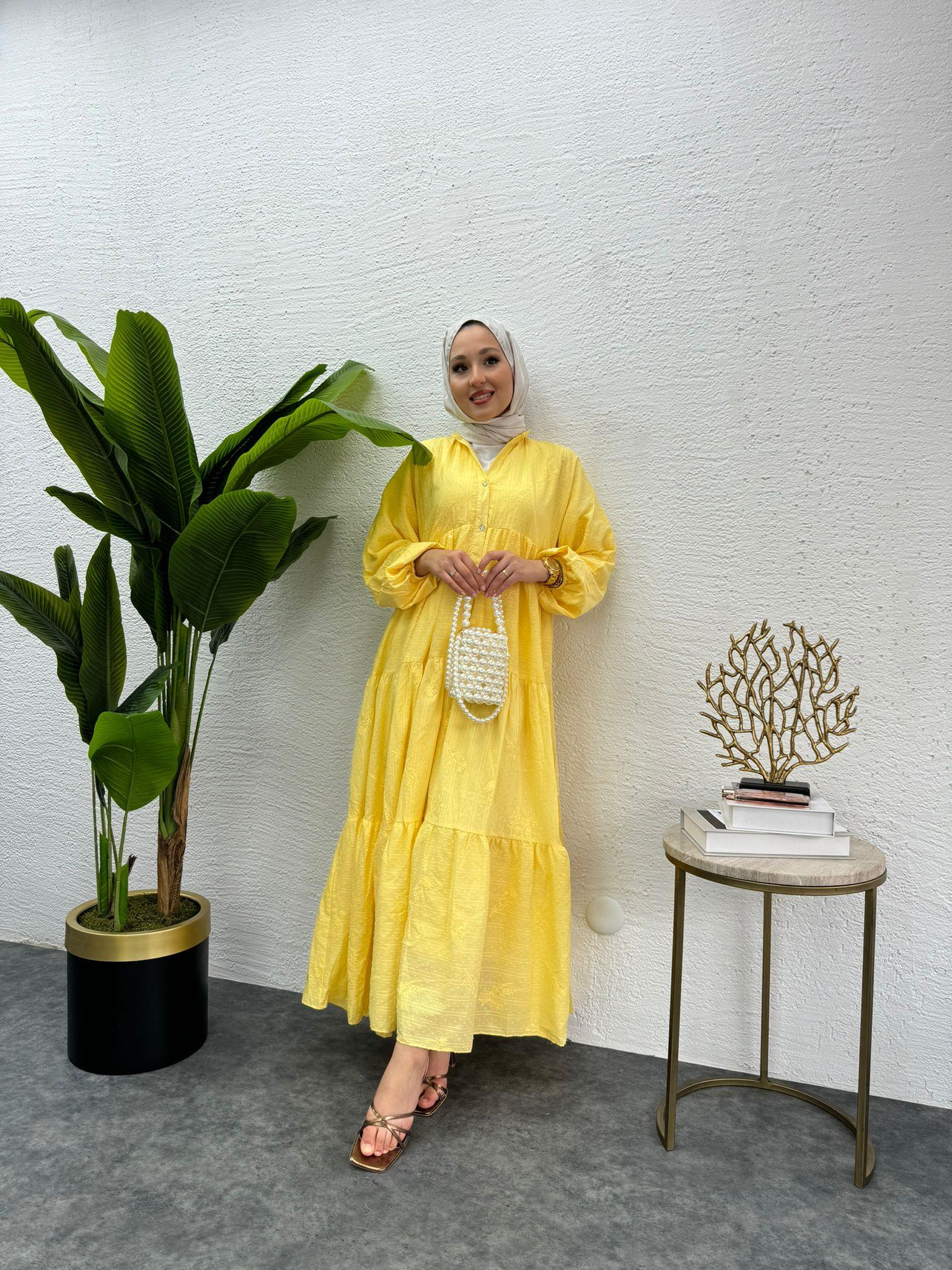 MEYSADESIGN ELBİSELER Önü Düğmeli Keten Elbise Sarı