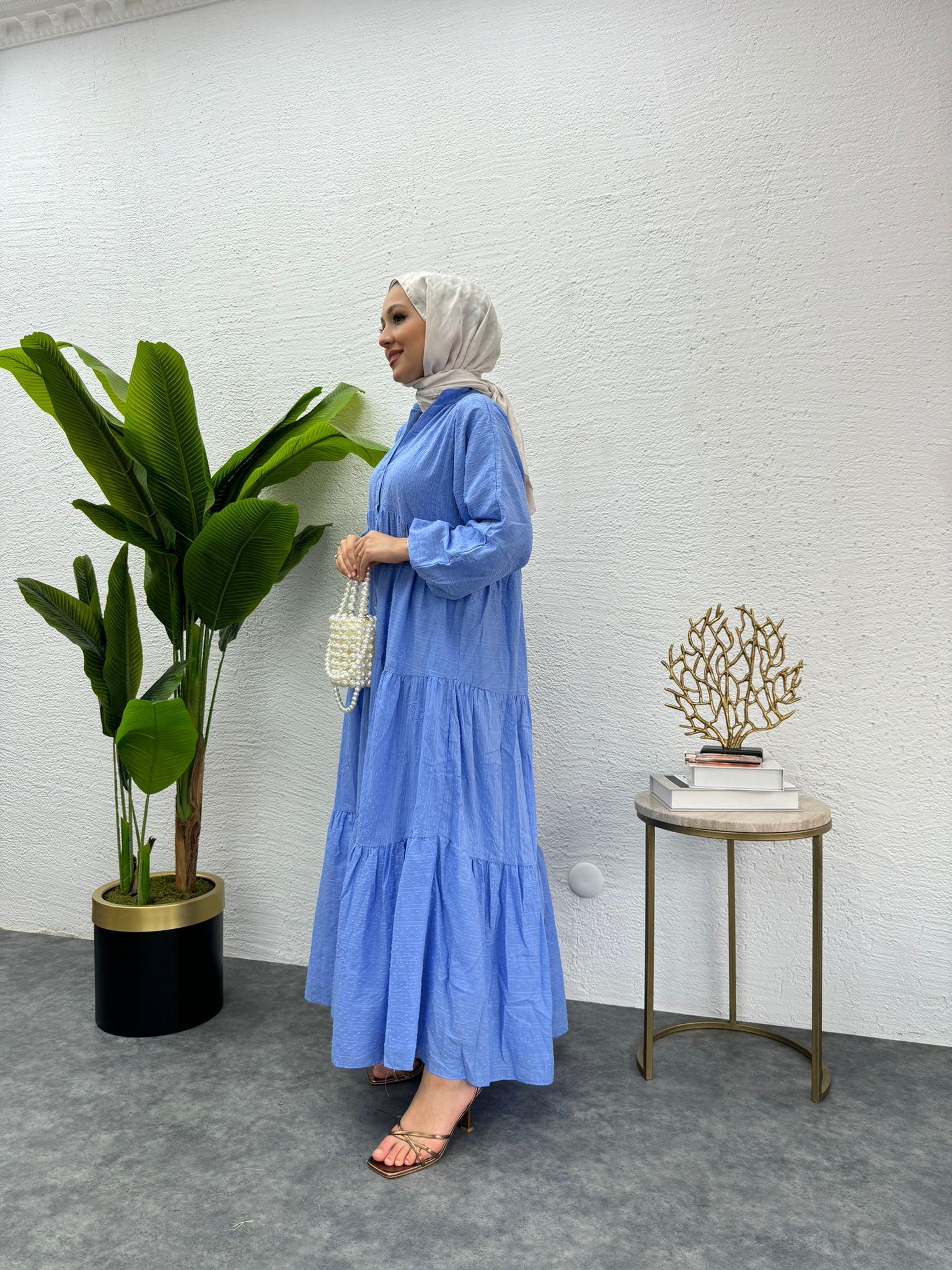 MEYSADESIGN ELBİSELER Önü Düğmeli Keten Elbise Mavi