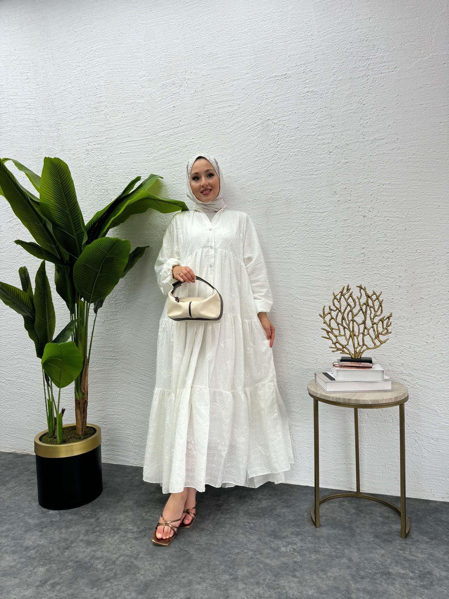 MEYSADESIGN ELBİSELER Önü Düğmeli Keten Elbise Beyaz