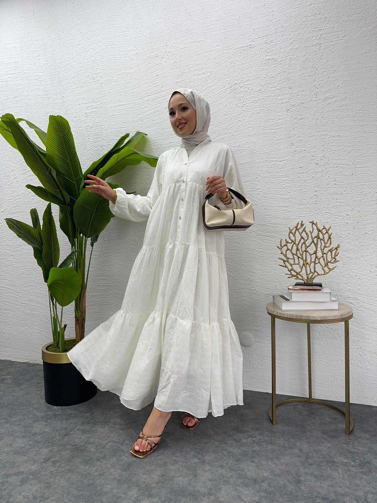 MEYSADESIGN ELBİSELER Önü Düğmeli Keten Elbise Beyaz