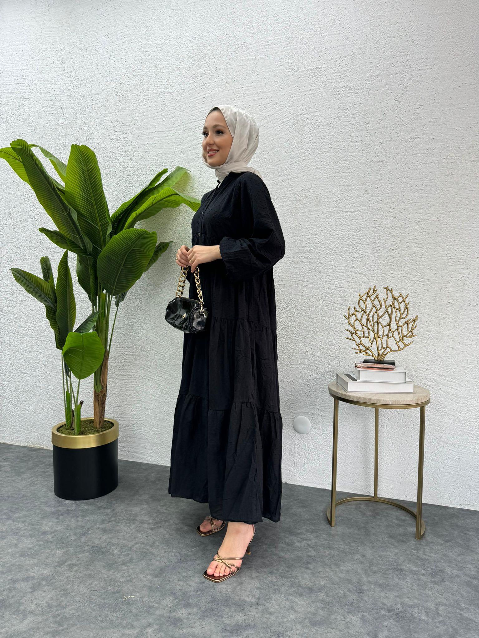 MEYSADESIGN ELBİSELER Önü Düğmeli Keten Elbise Siyah