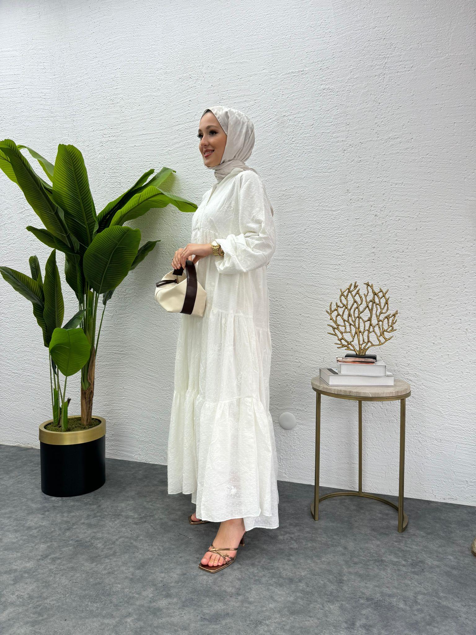 MEYSADESIGN ELBİSELER Önü Düğmeli Keten Elbise Beyaz
