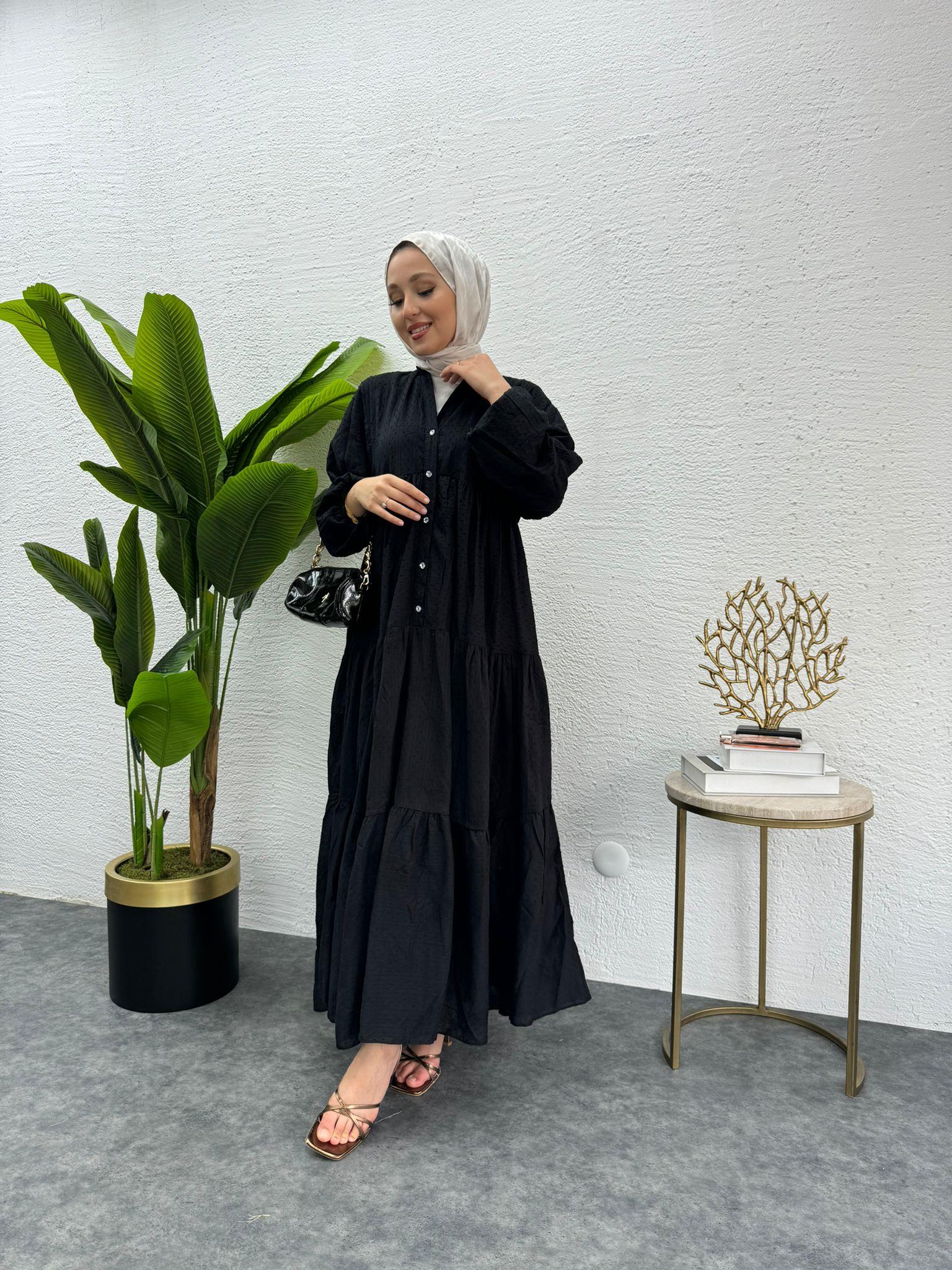 MEYSADESIGN ELBİSELER Önü Düğmeli Keten Elbise Siyah