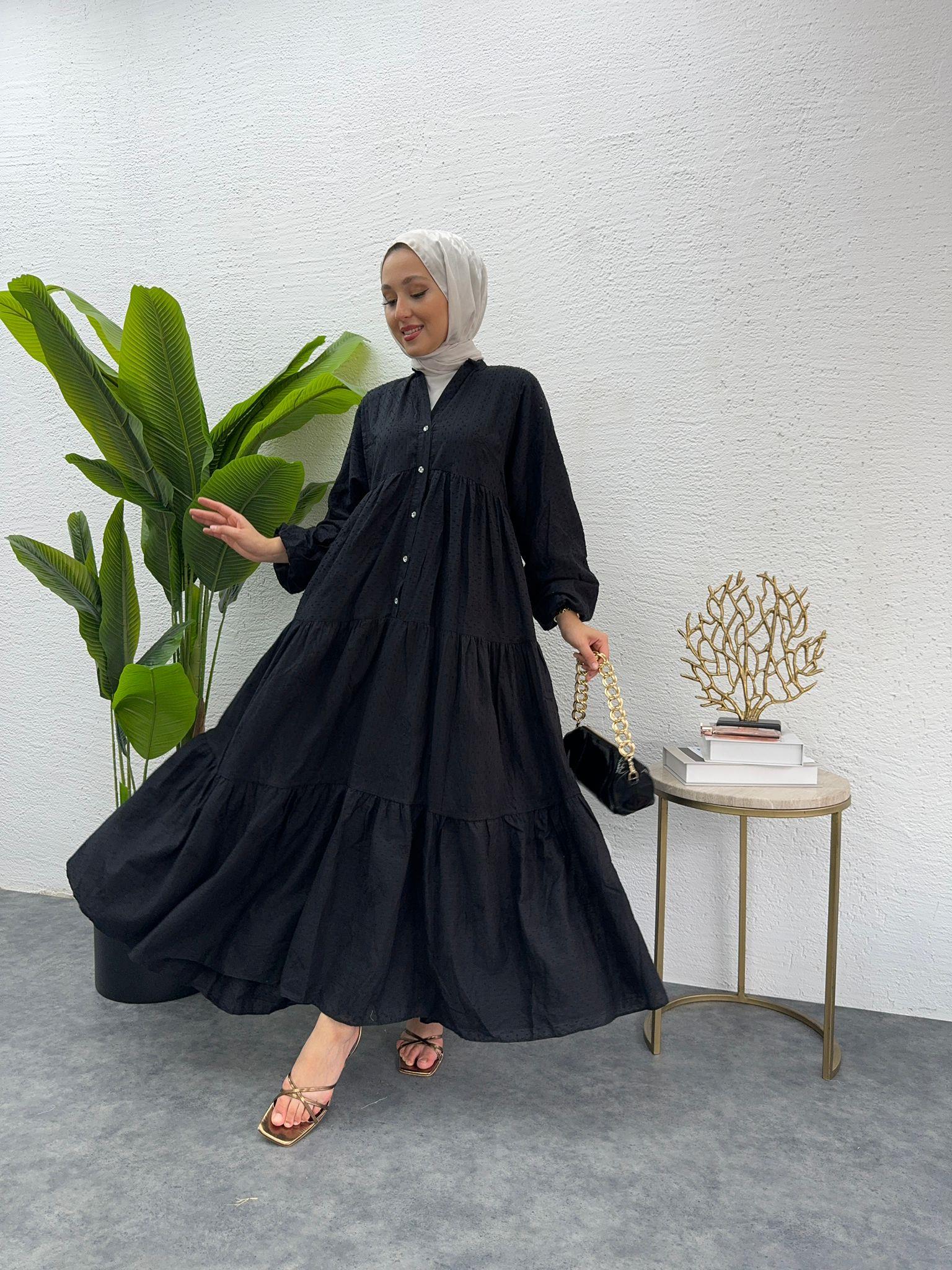 MEYSADESIGN ELBİSELER Önü Düğmeli Keten Elbise Siyah