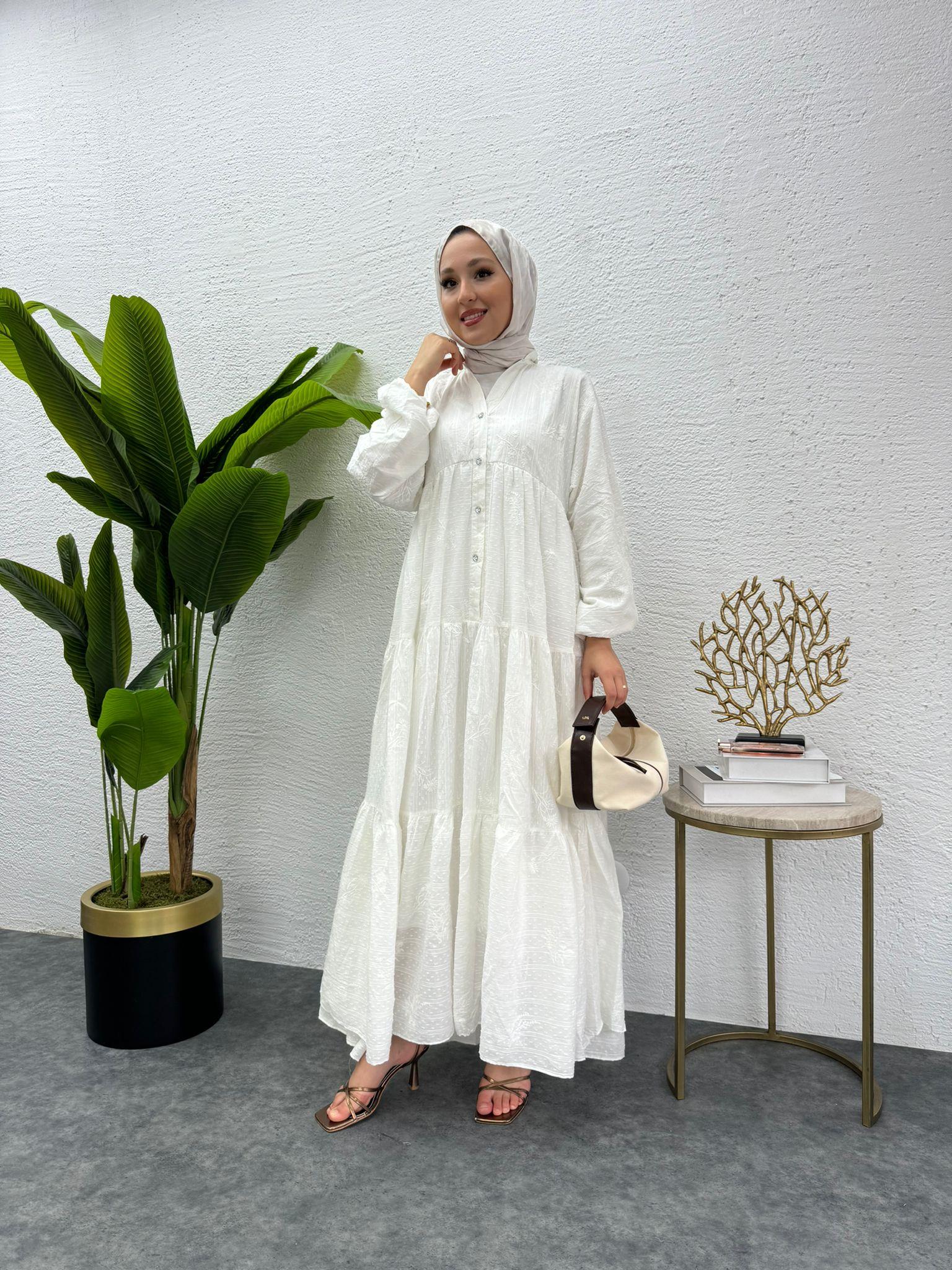 MEYSADESIGN ELBİSELER Önü Düğmeli Keten Elbise Beyaz